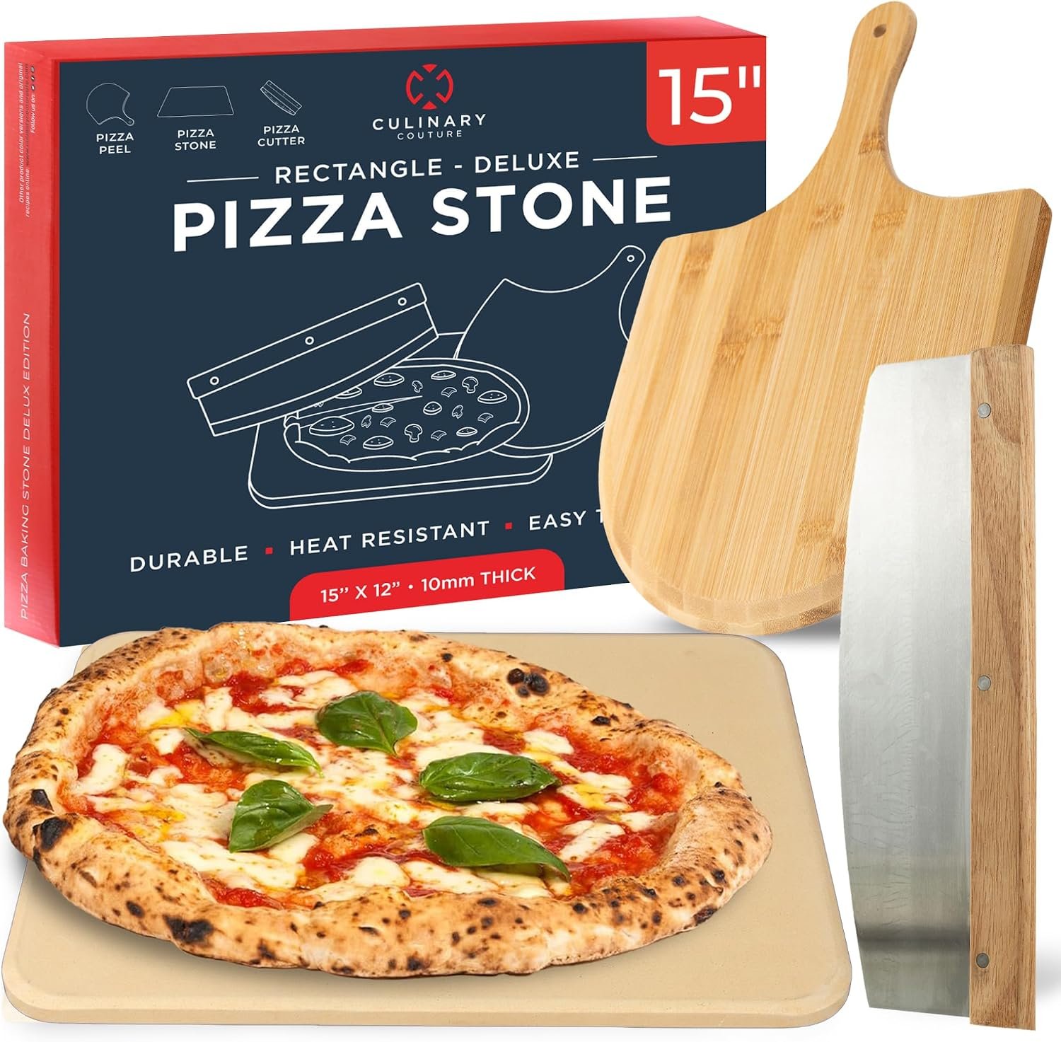Large Pizza Stone for Oven and Grill Set – 15″ x 12″ – 3PCs Pizza Stone Set | Comes with Pizza Peel and Pizza Cutter, Even Heating for Perfect Crispy Crusts! Crack Resistant and Easy to Clean