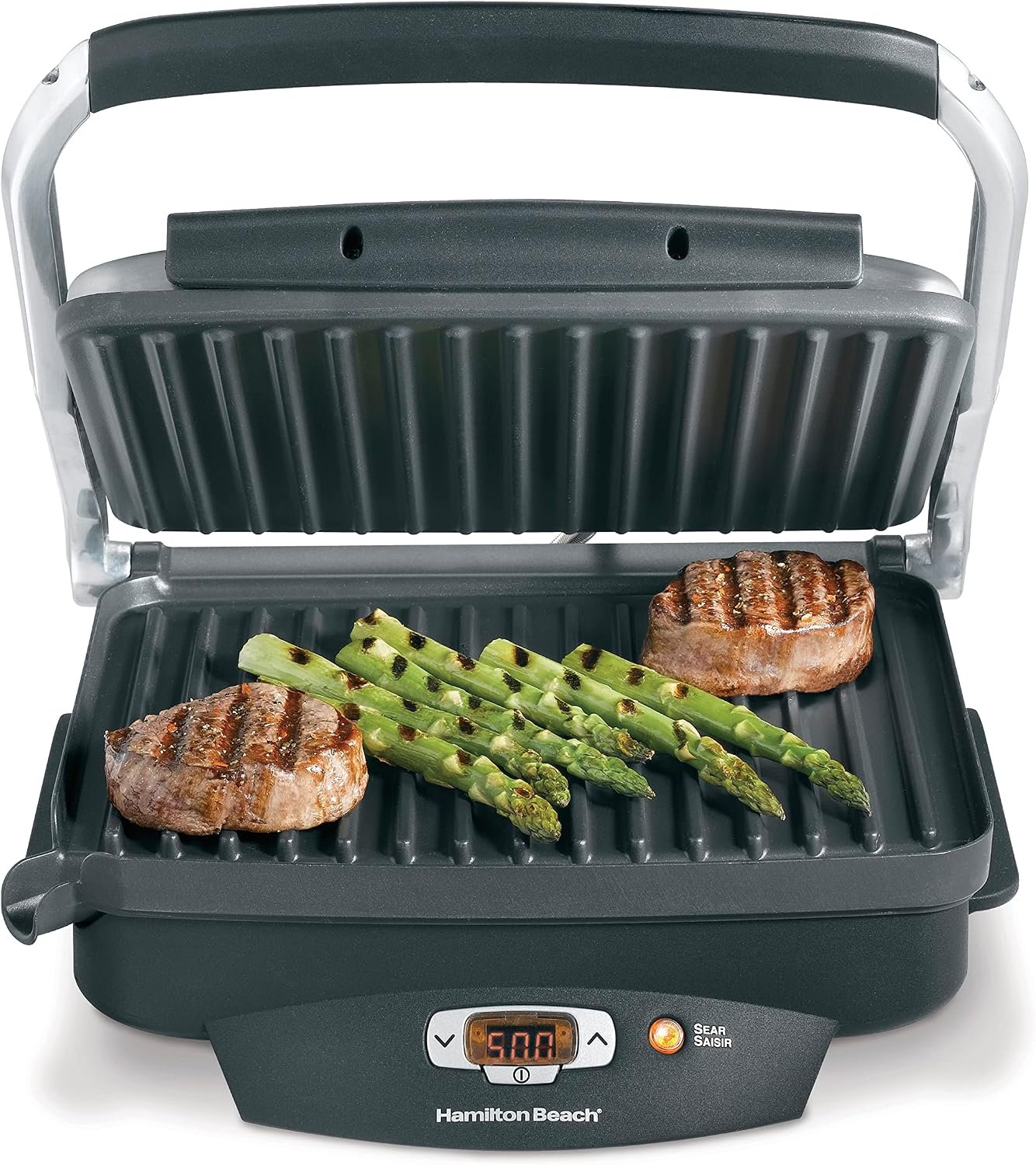 Hamilton Beach Steak Lover’s Electric Indoor Searing Grill, Nonstick 100 Square, Stainless Steel (25331), Black and Stainless, Medium | Adjustable Temperature Control To 500° F | Non-Stick PFAS-Free 100 sq. in. Cooking Surface | Black & Stainless Steel