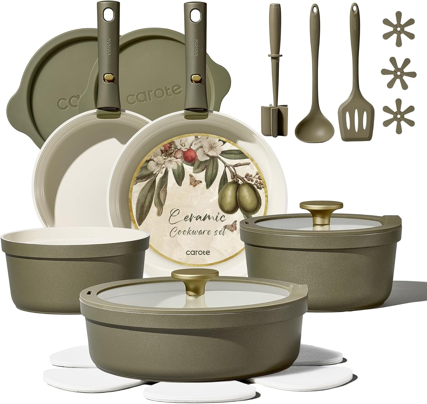 CAROTE 21pcs Ceramic Cookware Sets, Nonstick Pots and Pans Set Non Toxic | Space Saving, Detachable Handle, Dishwasher & Oven Safe, PFAS Free, Kitchen/Apartment/Camping/RV/ Traveling Cooking Sets