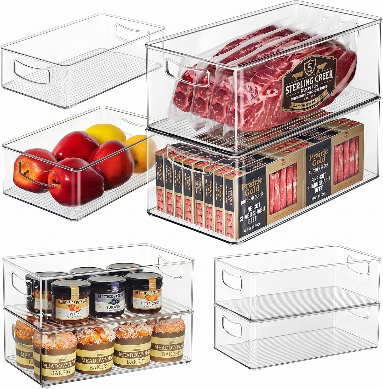 Hudgan 8 Pack Freezer Organizer Bins,Stackable,Clear Bins for Fridge,Pantry | Straight Side, 3 Sizes, 2 XL Storage Container, 3 Large Cabinet Organizer, 3 Medium Storage Drawer