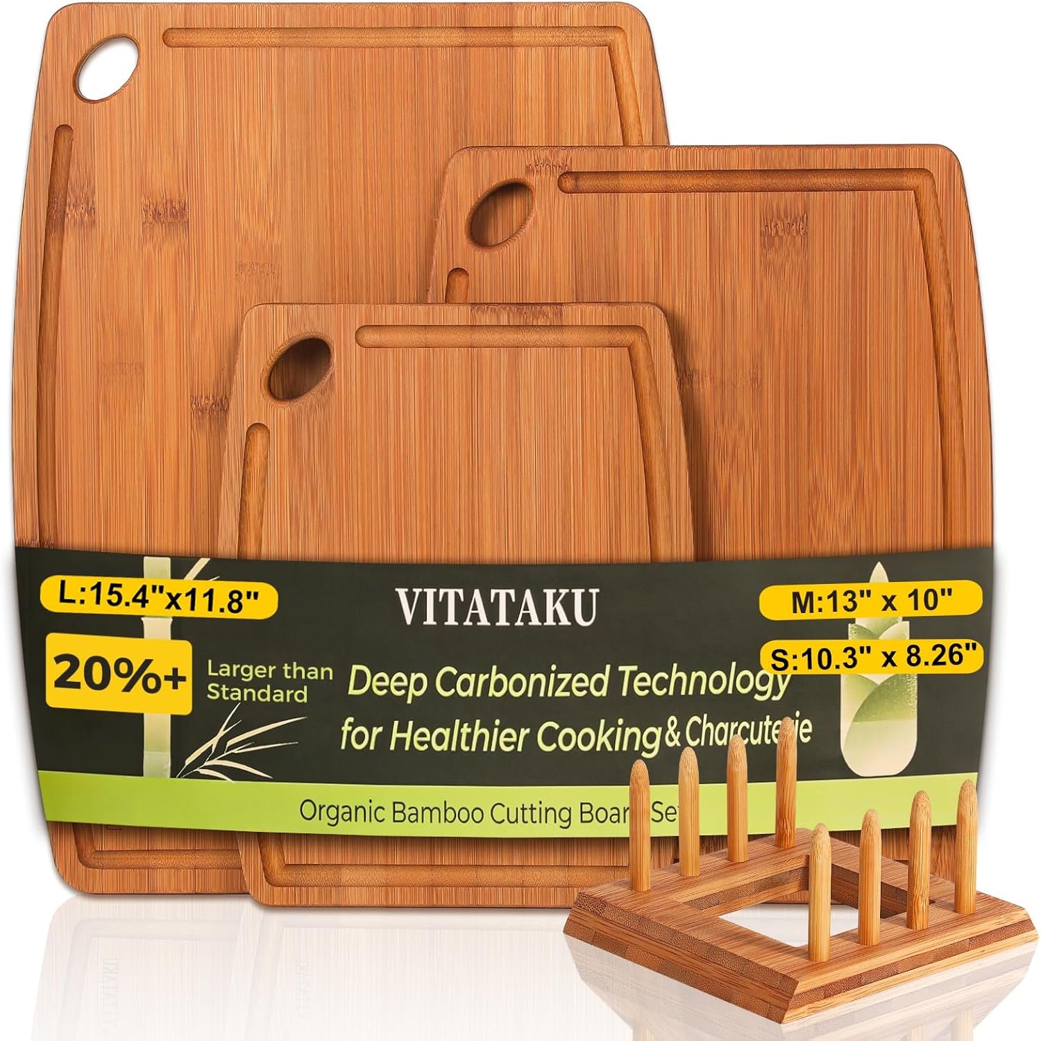 3-Piece Bamboo Cutting Boards for Kitchen with Wood Storage Stand | Reversible Charcuterie & Wooden Cutting Board Set with Juice Grooves and Easy-Grip Handles, Great Kitchen Gift