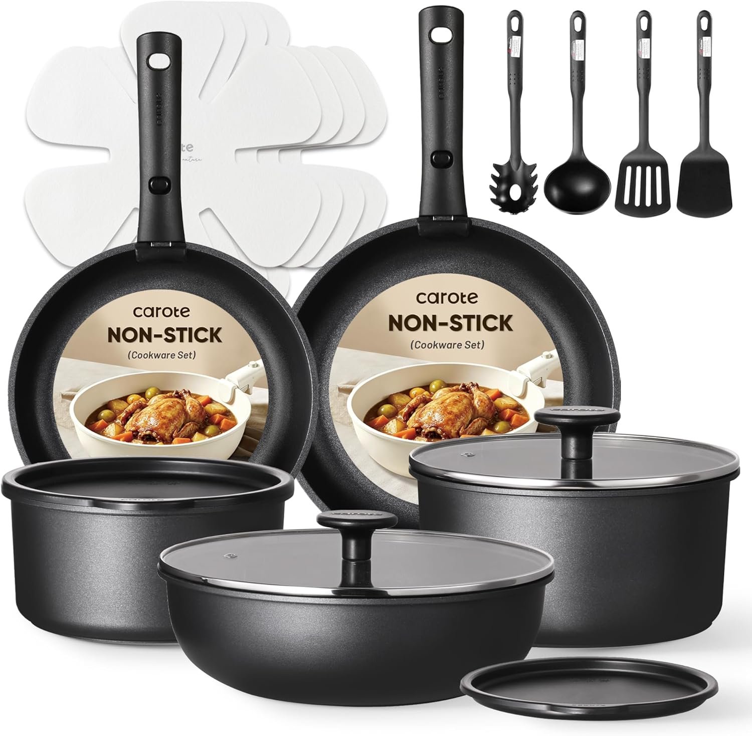 CAROTE 19pcs Pots and Pans Set Non Stick, Detachable Handle Cookware | Kitchen Cooking Sets, Space Saving, Dishwasher & Oven Safe, Non-Toxic, for Camping/RV/Traveling, Black