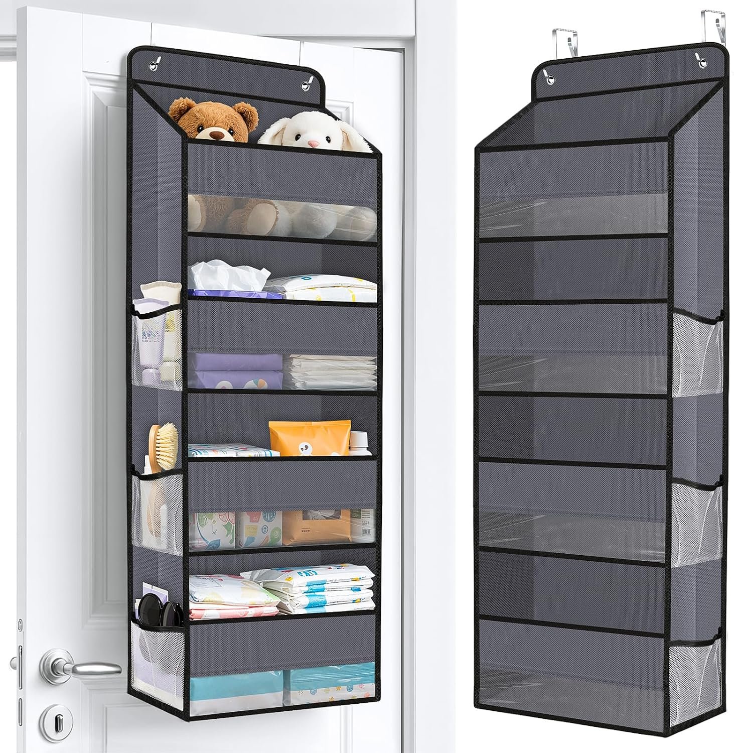 Over The Door Organizer Storage behind Door Hanging Organizer for Nursery | 4 Tier, 6 Side Pockets, Clear Window, Sturdy Construction, Space-Saving Storage for Closet, Bedroom, Bathroom & Nursery