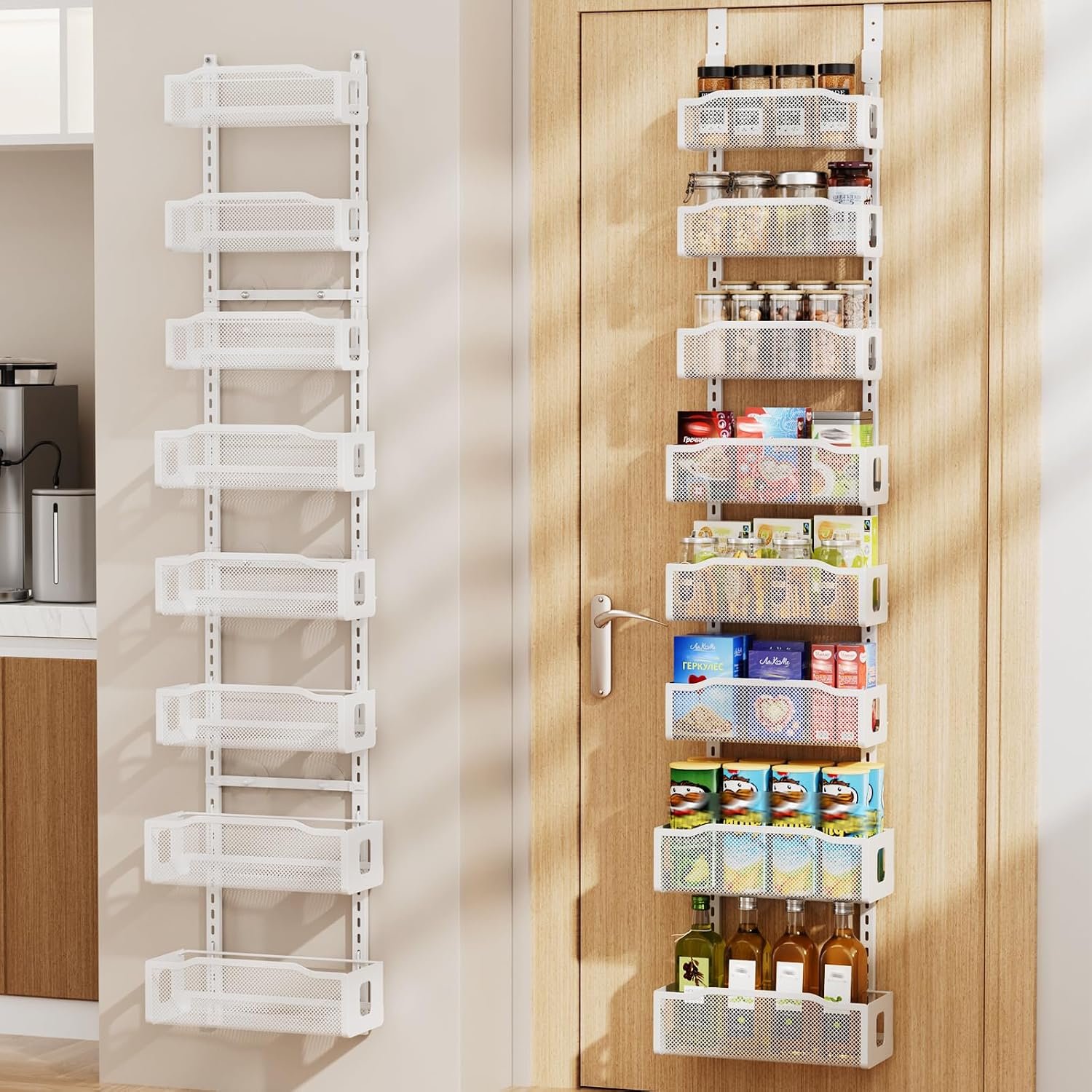 Delamu 8 Tier Over the Door Pantry Organizer, 2in1 Hanging or Wall Mount Spice Rack Seasoning, Adjustable Heavy-Duty Narrow Pantry Door Organizer and Storage for Kitchen Cabinet and Bathroom,12″ White