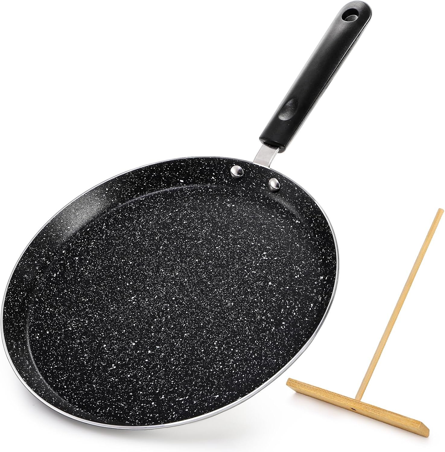 WRINGKIT 10 Inch Nonstick Crepe Pan with Spreader, Induction Compatible | Granite Coating Dosa Tawa, Flat Skillet Tortilla Pan with Stay-Cool Handle, Round Griddle Pancake Pan, PFOA Free, Black