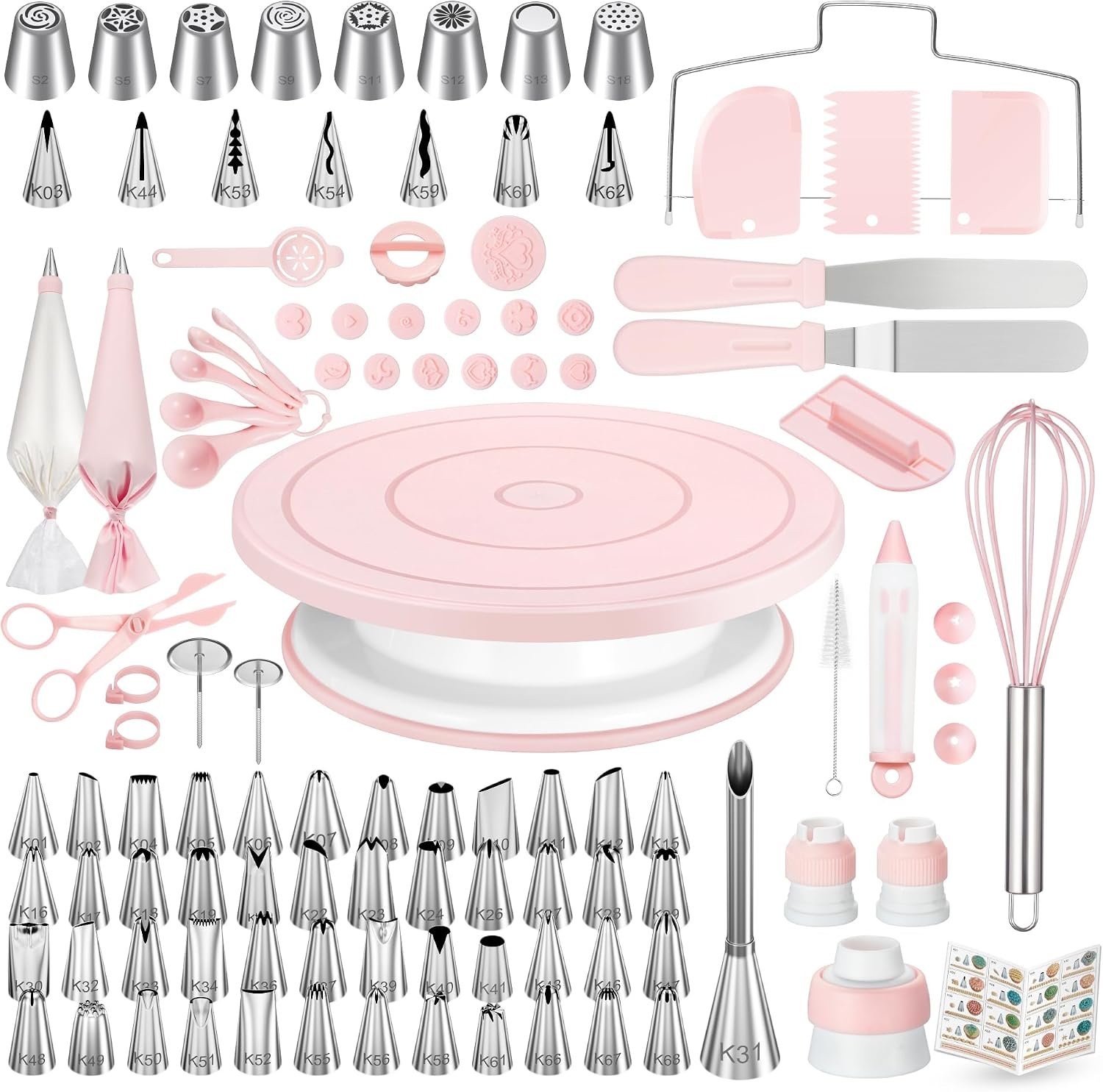 Kootek 158 Cake Decorating Kit Baking Supplies Tools for Beginners & Pros | Cake Stand Turntable, Icing Piping Tips, Disposable Reusable Pastry Bag, Spatulas, Video Tutorial, Pattern Chart