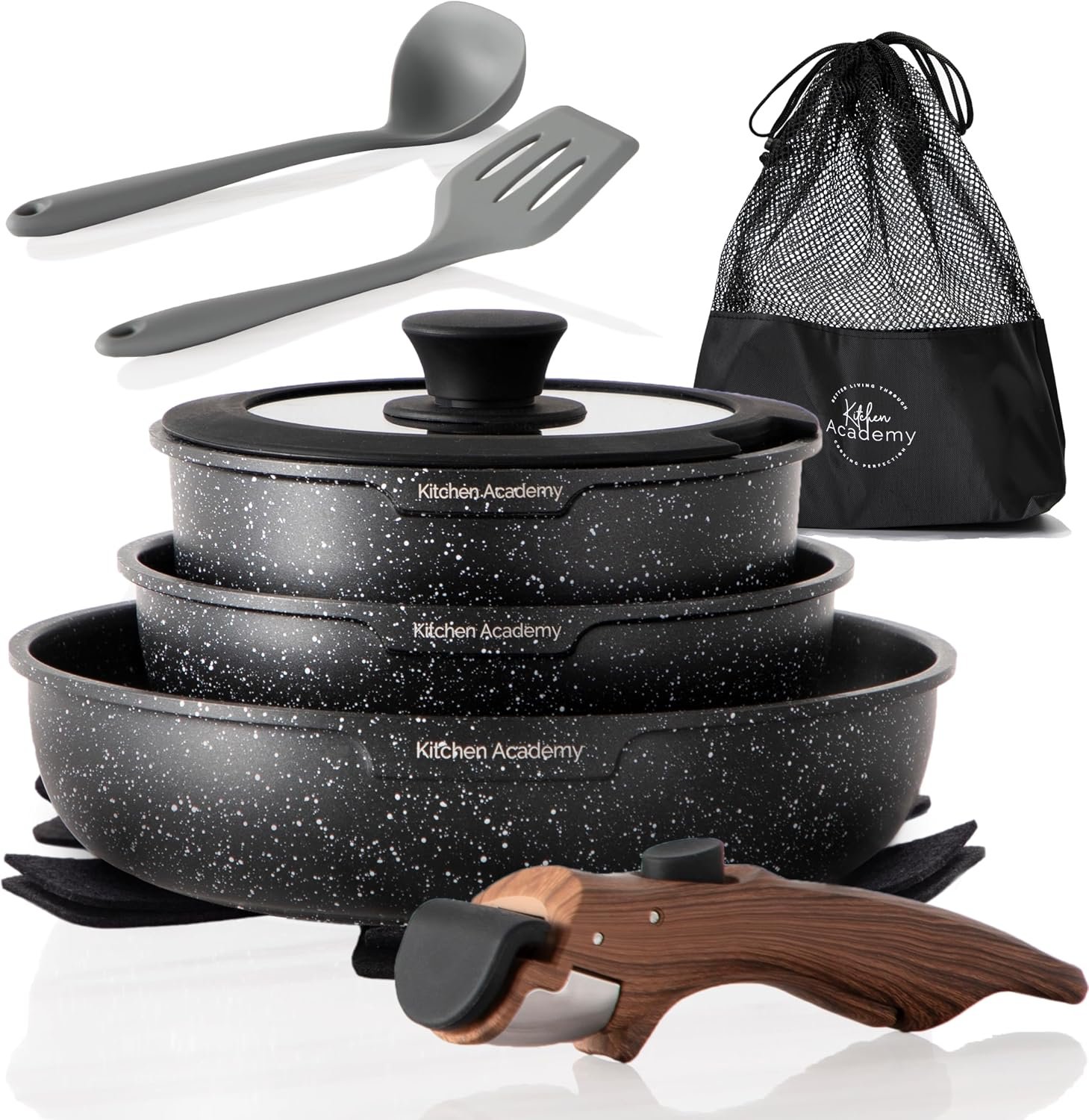 Kitchen Academy Removable Handle Induction Pots and Pans Set – 10 Piece Non-stick Cookware Sets, Black Granite Stackable RV Cookware for Camp | Stackable nonstick cookware set with detachable handle. Oven & Induction safe, space-saving design for camping.