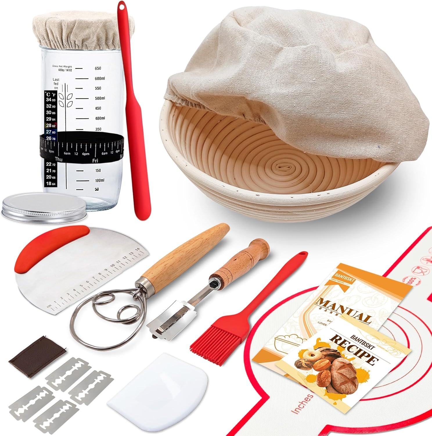 Complete Sourdough Starter Kit, Sourdough Bread Baking Supplies, Banneton Bread Proofing Basket with Sourdough Starter Jar, 9inch Round Bread Proofing Basket, for Bread Baking