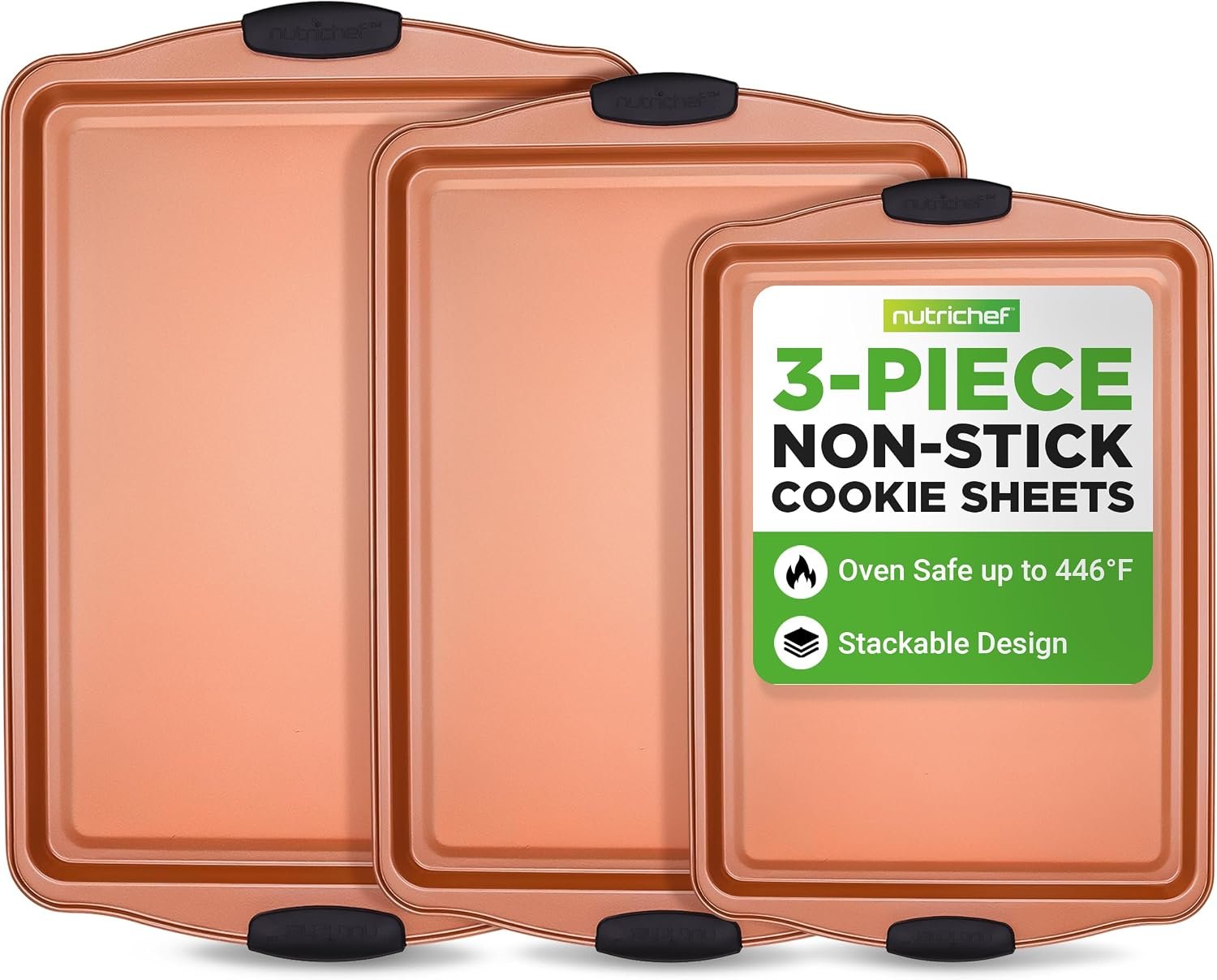 NutriChef 3 Piece Cookie Sheets for Baking – PFOA, PFOS, PTFE Free Nonstick Carbon Steel Bakeware Set – Home Kitchen Bake Pan Cookie Sheet Stackable Baking Sheet w/Black Silicone Handles NCSBS3S45