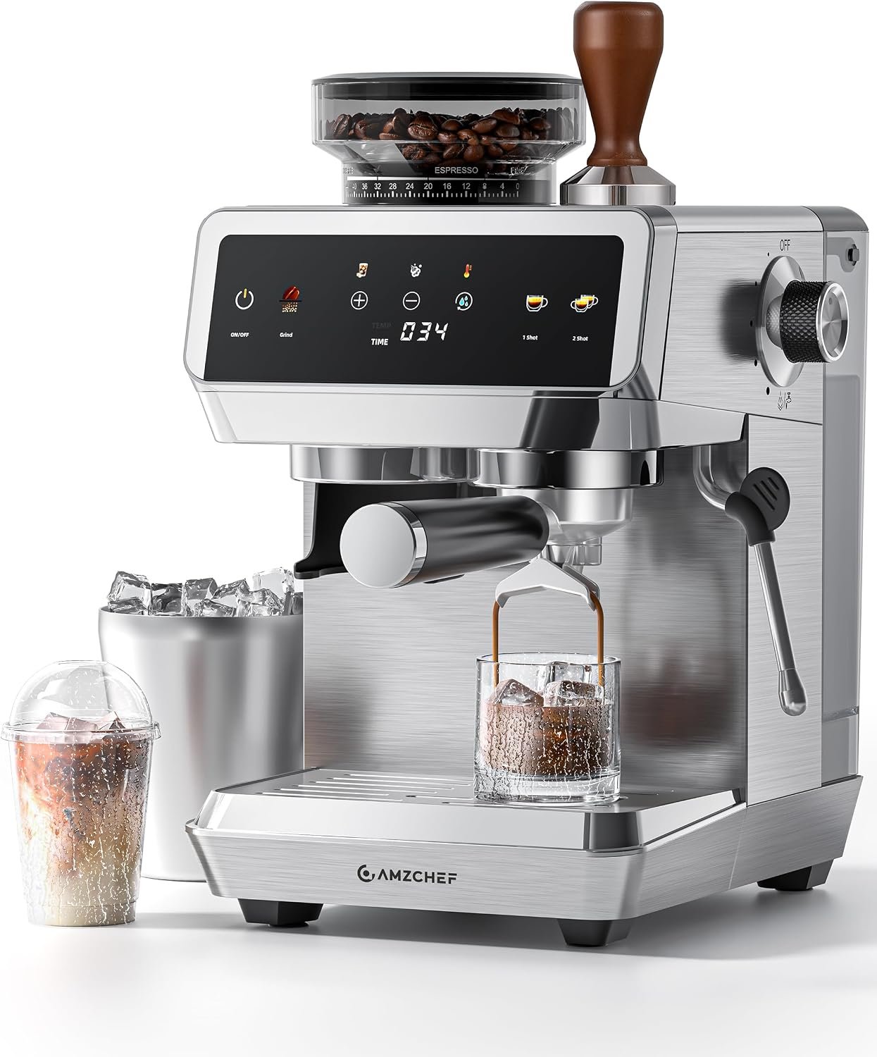 AMZCHEF Espresso Machine With Grinder, Temp Control, 44 Grind Settings | Hot & Cold Brew, Cappuccinos & Lattes, Built-in Grinder, Milk Frother, Touch Screen, Easy to Clean, Compact Design, Silver