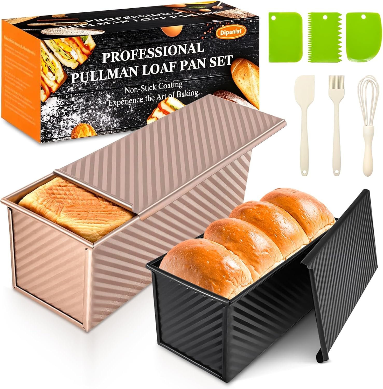 Pullman Loaf Pan with Lid, 2 Pack 2.2 LB & 1 LB Dough Capacity, Non-Stick Carbon Steel Bread Pan for Sandwich Bread and Sourdough Loaves, Square Toast Mold with Baking Tools, Gift-Ready Packaging