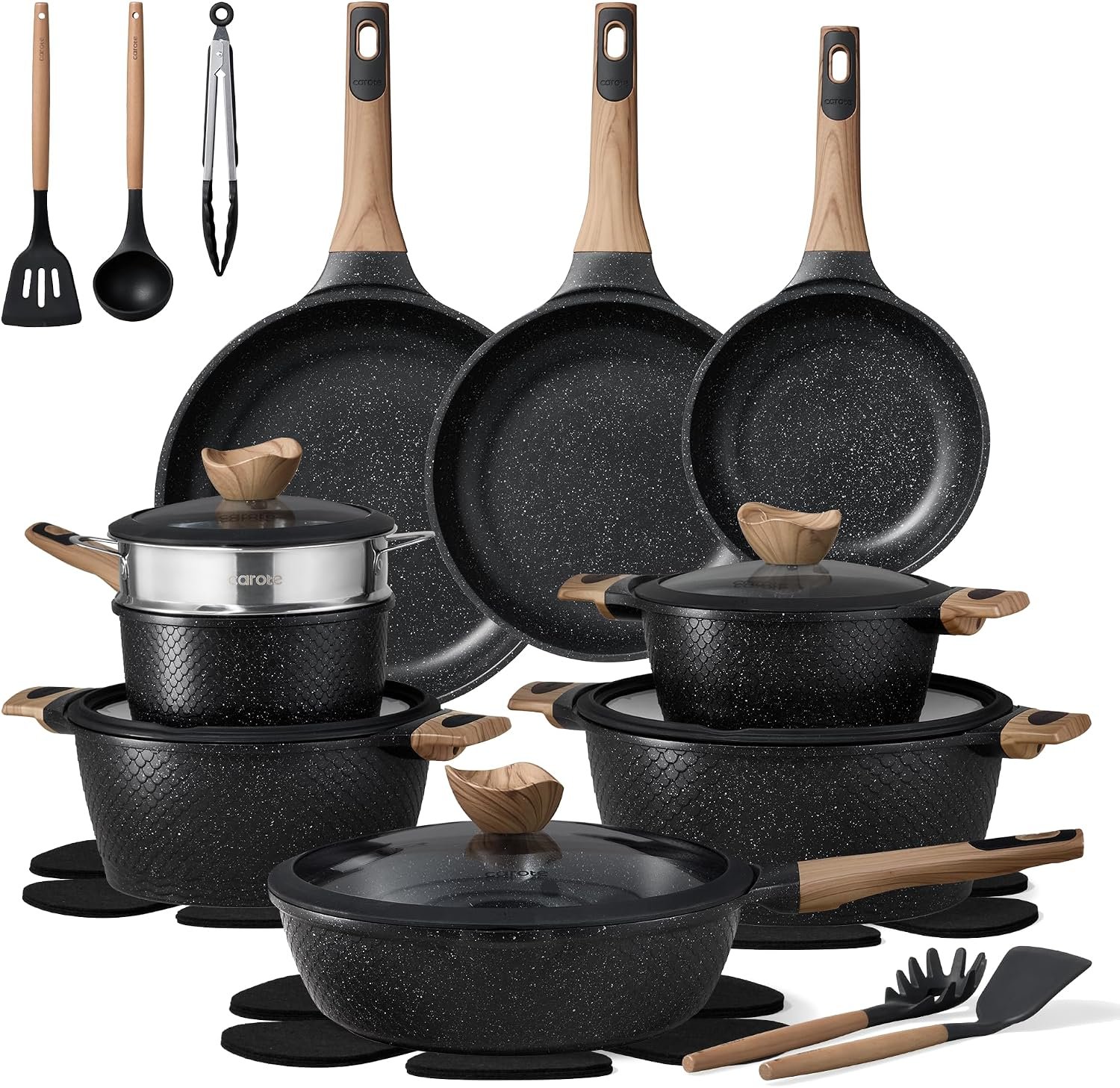 CAROTE 26pcs Nonstick Pots and Pans Set, Cookware Sets | Induction Kitchen Set, Durable, Innovative Surface Texture, Fit All Stovetops, Fast & Even Heating, with Stockpot & Steamer