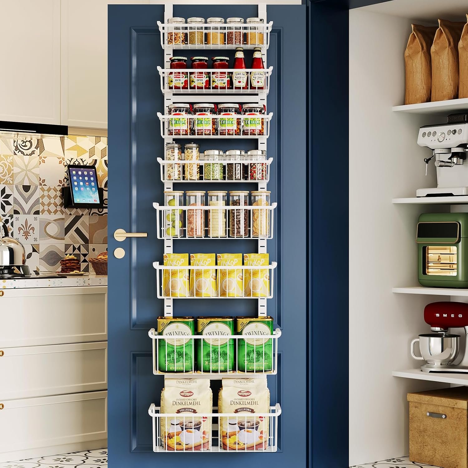 Over The Door Pantry Organizer, 8-Tier Over The Door Organizer with Adjustable Baskets, Metal Hanging Spice Rack for Pantry Organizers and Storage, Suitable for Kitchen Laundry Room & Bathroom, White