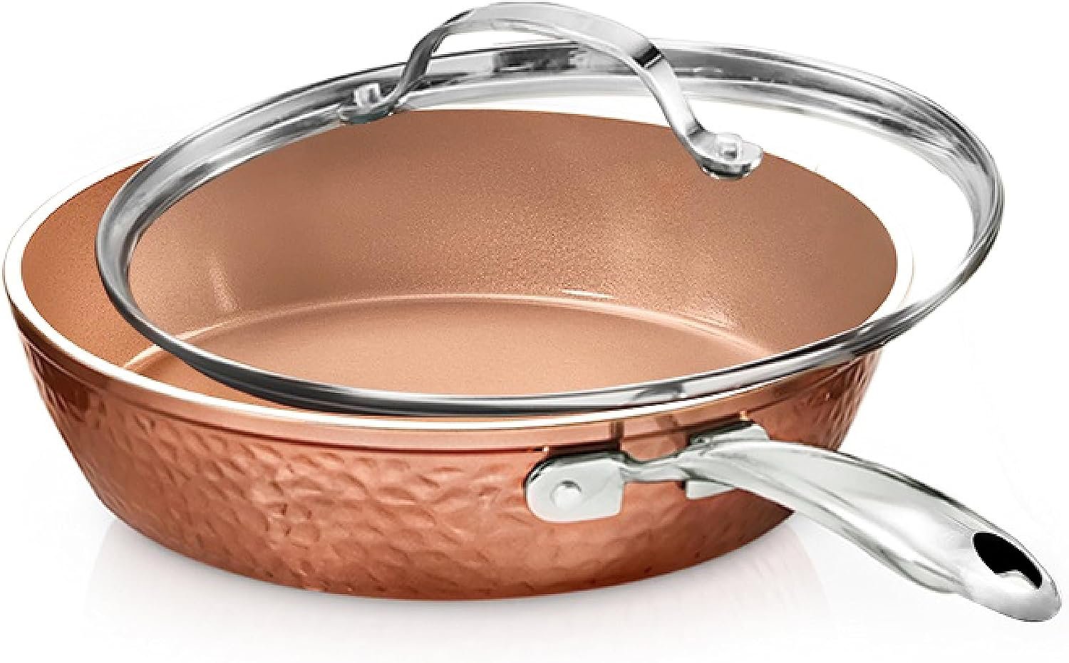 Gotham Steel 10 Inch Hammered Non Stick Frying Pans, Nonstick Frying Pan with Lid, Nonstick Pan, Ceramic Frying Pans Nonstick Skillet, Ceramic Pan, Non Stick Pan, Copper Pan, Dishwasher / Oven Safe | PFOA/PFOS/PTFE Free, Induction Compatible, Stainless Steel Stay Cool Handles, Oven and Dishwasher Safe