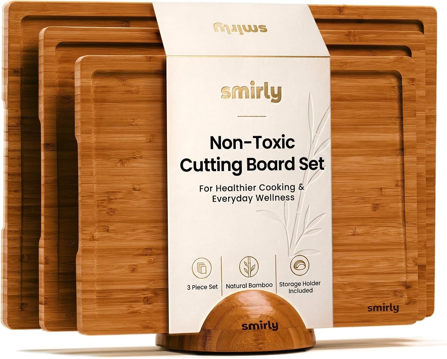 SMIRLY Cutting Board, Carbonized Bamboo Cutting Board Set of 3 with Stand | Non Toxic Wooden Cutting Board with Juice Grooves and Handles, Multiple Sizes Chopping Boards for Meat Vegetable Charcuterie