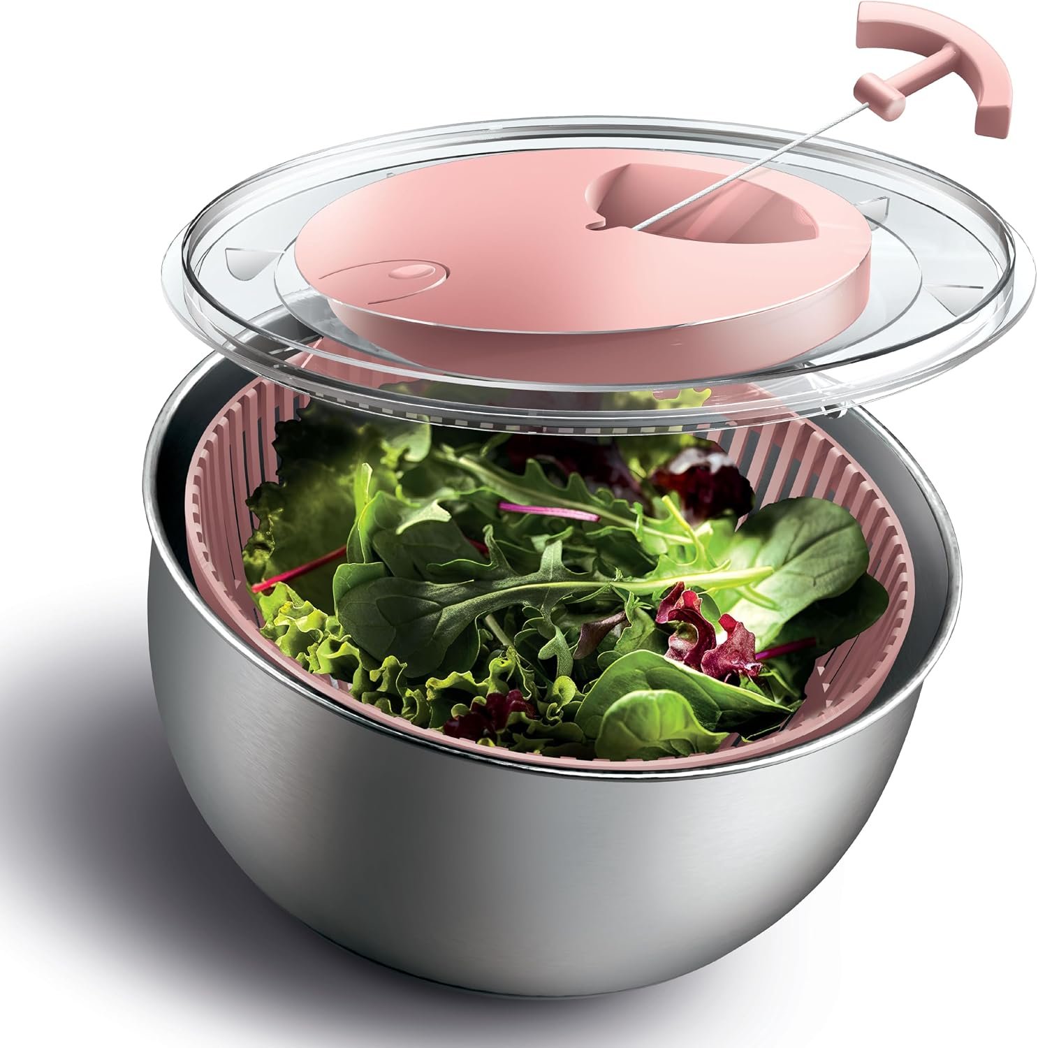 COOK WITH COLOR Stainless Steel Salad Spinner – 5 Qt. Lettuce Washer And Vegetable Spinner Dryer for Easy Salad Prep – Non Slip Base with Pull Handle – Auto Stop Brake System, Stain and Odor Resistant