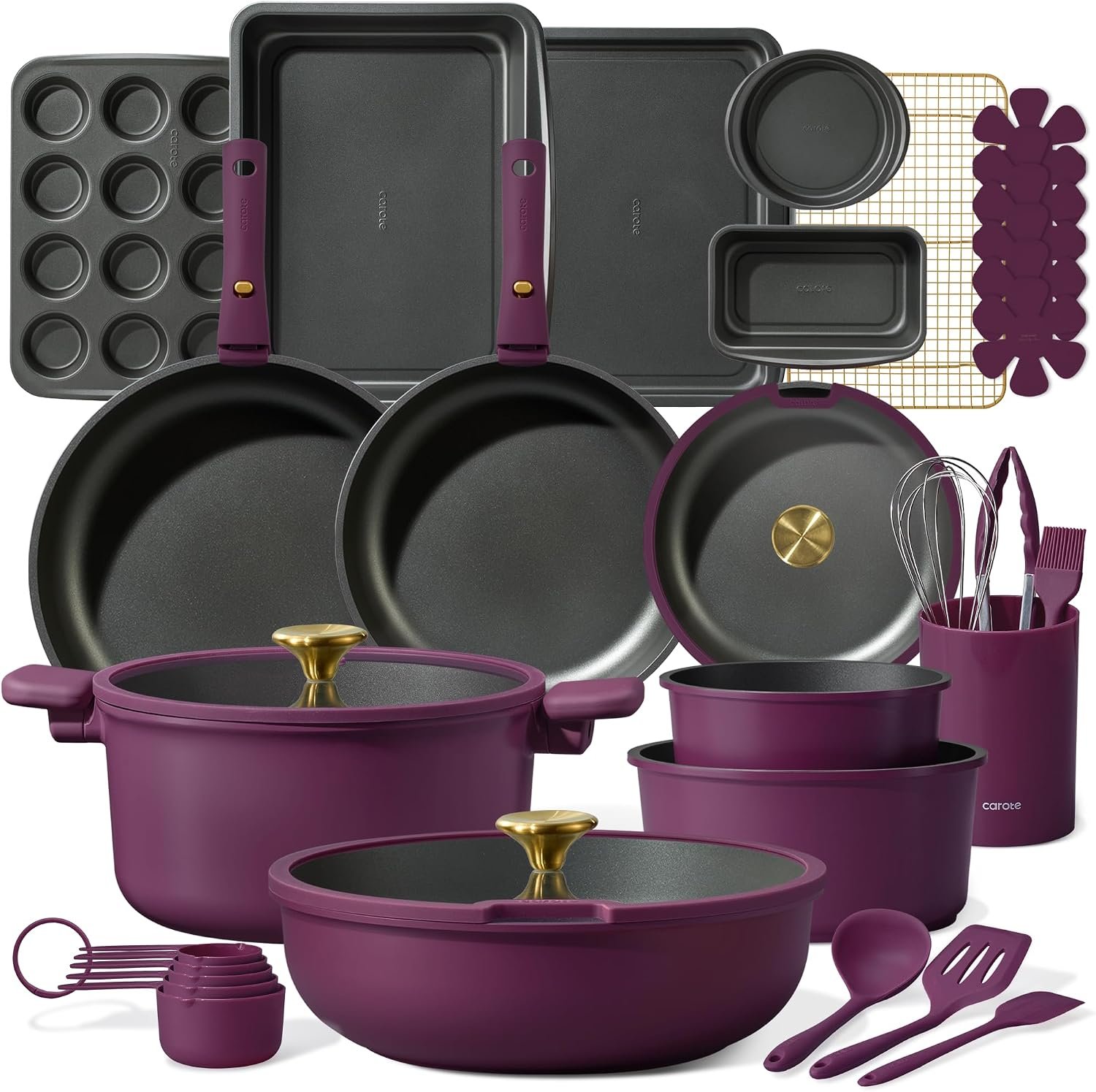 CAROTE 32pcs Pots and Pans Set Non Stick, Detachable Handle Cookware Sets | Bakeware and Kitchen Gadgets, Space Saving, Dishwasher & Oven Safe, Non-Toxic, for Camping/RV/Traveling, Purple
