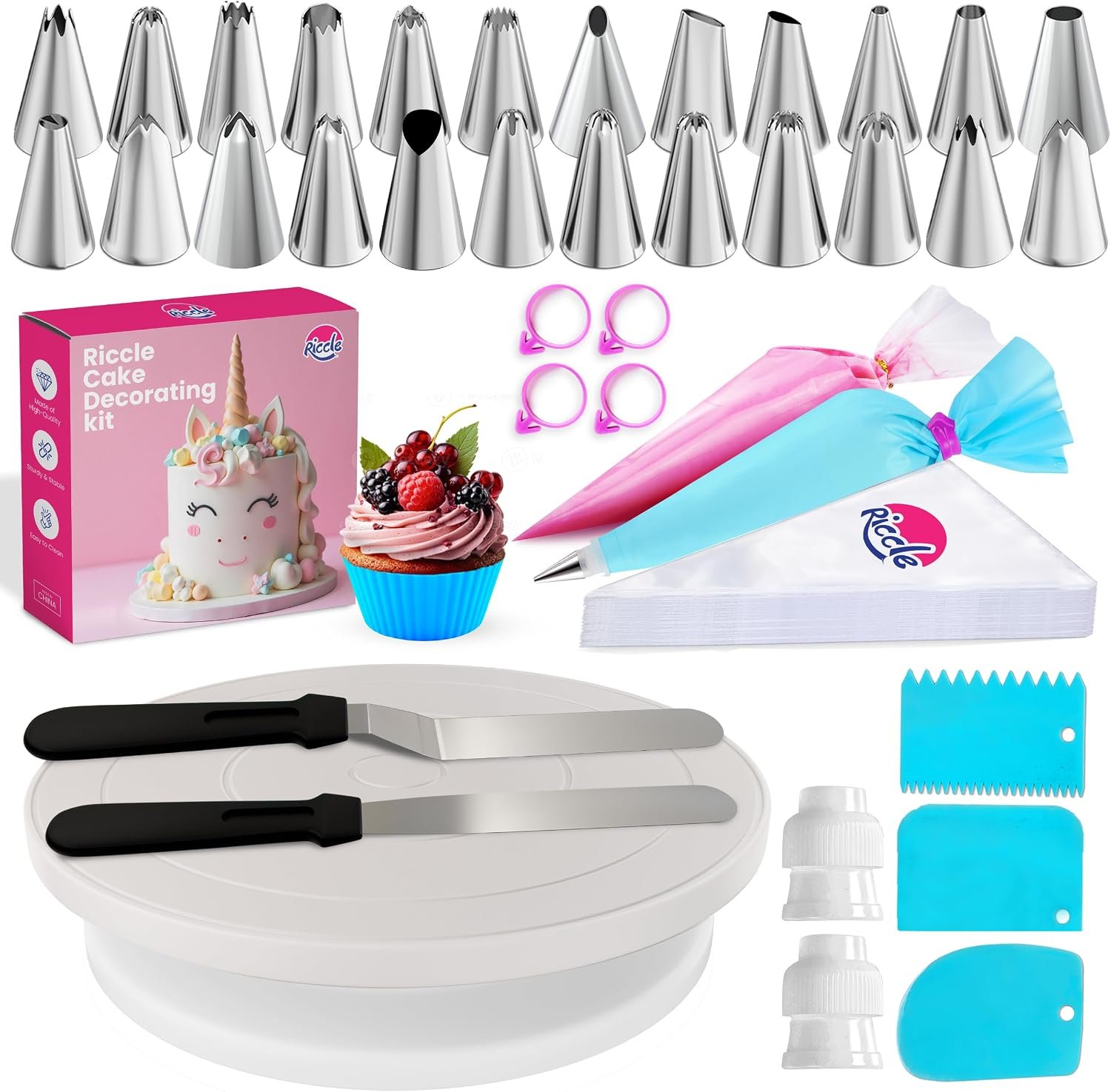94 pcs Cake Decorating Kit with Cake Turntable – Includes 50pcs 16 Inch Disposable + 2 Reusable Piping Bags and Tips Set, 24 Icing Piping Tips, 2 Spatulas, 3 Icing Comb Scraper, 6 Cake Liners