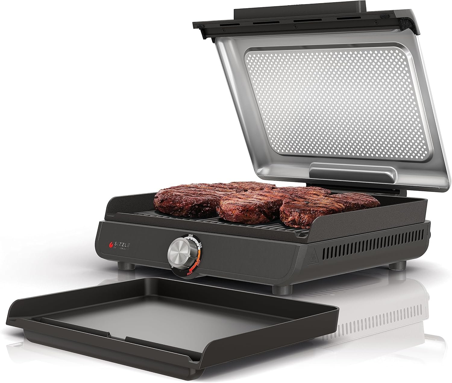 Ninja® Sizzle™ Indoor Grill & Griddle, 14”, 500°F, Grey/Silver, GR101 | Interchangeable nonstick grill & griddle plate, dishwasher-safe lid, 500°F edge-to-edge heat for perfect char-grilled marks.