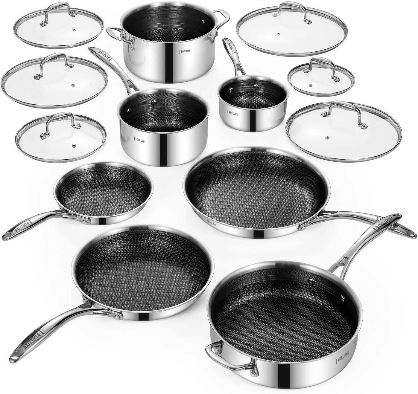 Deluxe 13 Piece Hybrid Ceramic Nonstick Stainless Steel Cookware Set | 5 PC Fry Pan Set, 6 PC Pot Set, 3.7QT Deep Sauté Pan&Lid, Induction Ready, Stay Cool, PFOA Free FOR All Cooktops