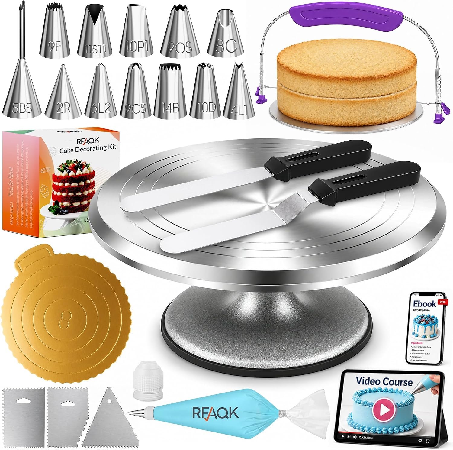 RFAQK 50PCs Cake Decorating Supplies Kit with 12″ Aluminum Rotating Cake Turntable Stand, Professional Leveler, Straight & Offset Spatulas, 12 Numbered Icing Tips & Bags