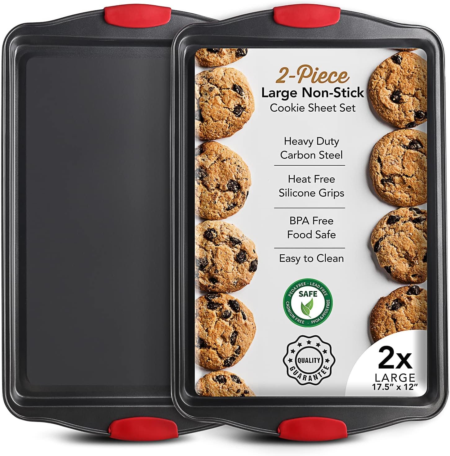 Eatex Nonstick Baking Sheet Set, 2-Piece Baking Pans Set with Silicone Handles, Carbon Steel Cookie Sheets for Baking Commercial Grade Quality Oven Tray, Large Half Sheet Pans for Baking