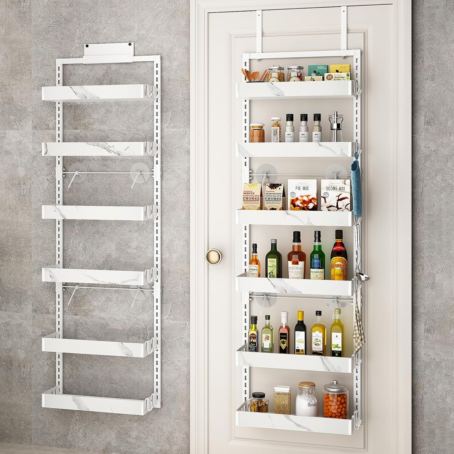 BUKFEN Over the Door Pantry Organizer, 6-Tier Adjustable Basket Spice Rack | 2-IN-1 Door & Wall Mounted, Heavy Duty Metal Storage Shelf, 12 Hooks, Behind Door Organizer for Kitchen, Bathroom, Closet