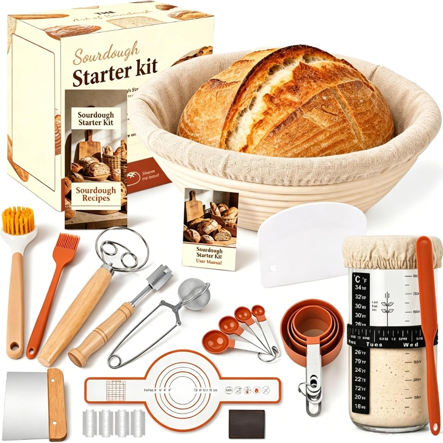 Sourdough Starter Kit, Sourdough Bread Baking Supplies, Banneton Bread Proofing Basket with Starter Jar, Dough Whisk, Scrapers, Recipe, Round Bread Proofing Basket, for Bread Baking