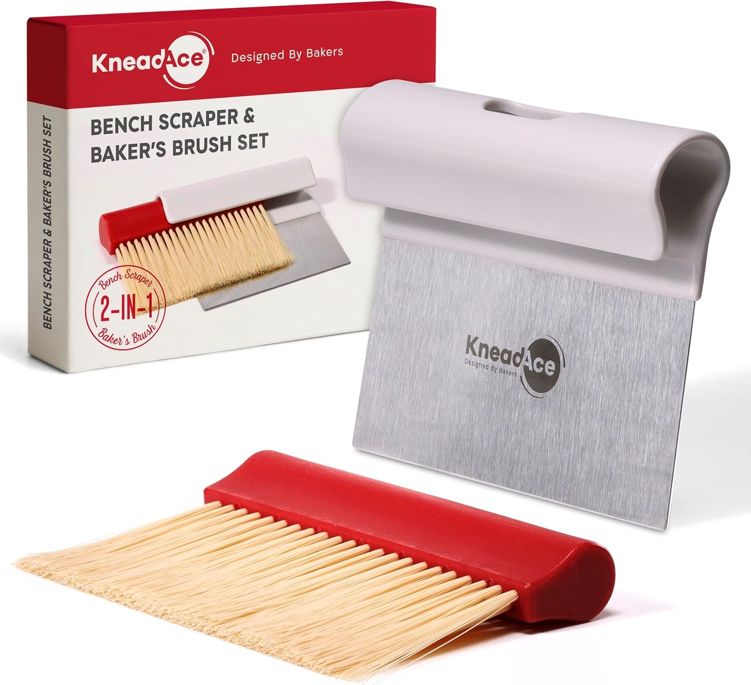 KneadAce Bench Scraper – Dough Scraper with Nesting Baker’s Brush Set | Stainless Steel Dough Cutter, Nesting Design, Bread Scraper for Sourdough Pastry Baking Prep, Comfortable Grip Bench Brush