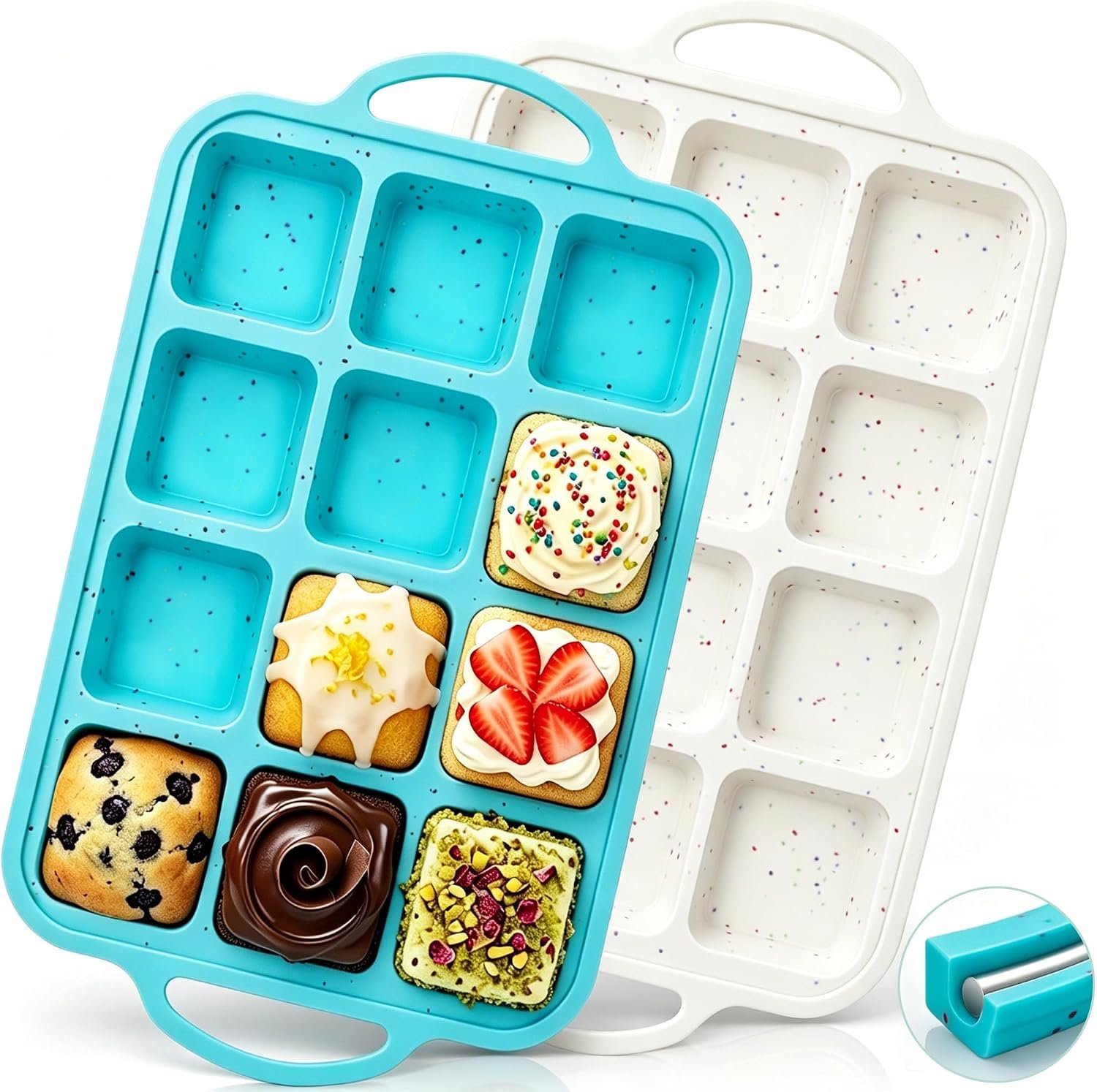 KASHME 12-Cavity Silicone Brownie Pans With Metal Frame, Non Stick | All Edges Mini Brownie Baking Pan With Dividers, Square Muffin Pan For Oven, Aqua, Cream, 2 Pcs