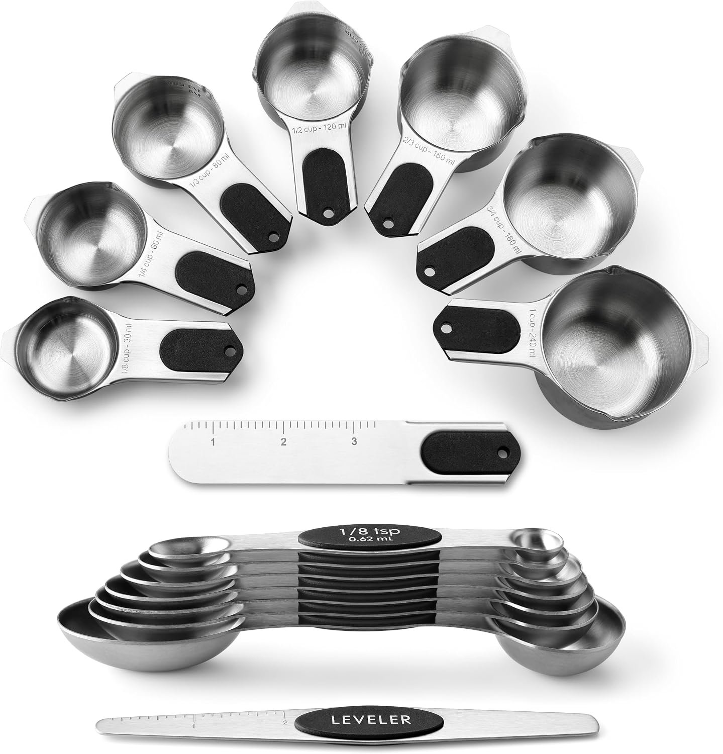 Spring Chef Magnetic Measuring Cups & Spoons Set of 16, Patented, Black | Stackable Stainless Steel Measuring Cups & Heavy Duty Metal Measuring Spoons with Levelers for Dry & Liquid Ingredients