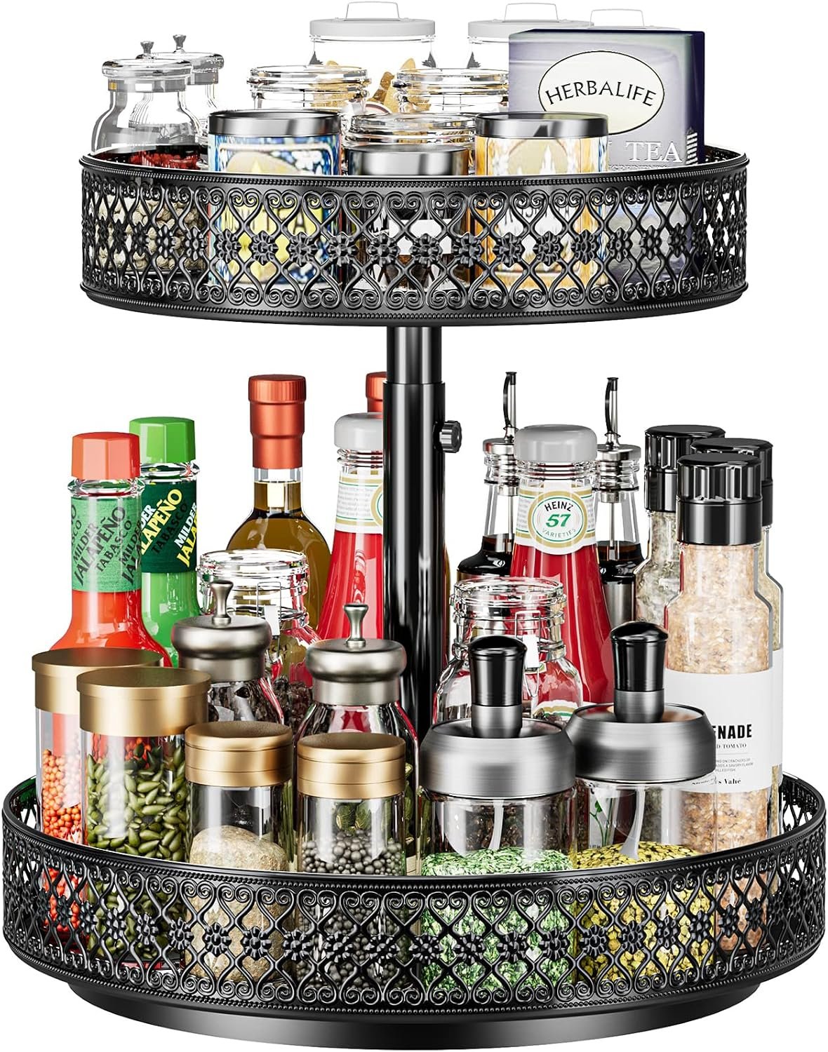 2 Tier Lazy Susan Organizer – Adjustable Rotating Spice Rack 12 inch | Floral Turntable Lazy Susan for Cabinet Pantry Kitchen Countertop Table Top Cupboard Bathroom Vanity Storage Metal Black