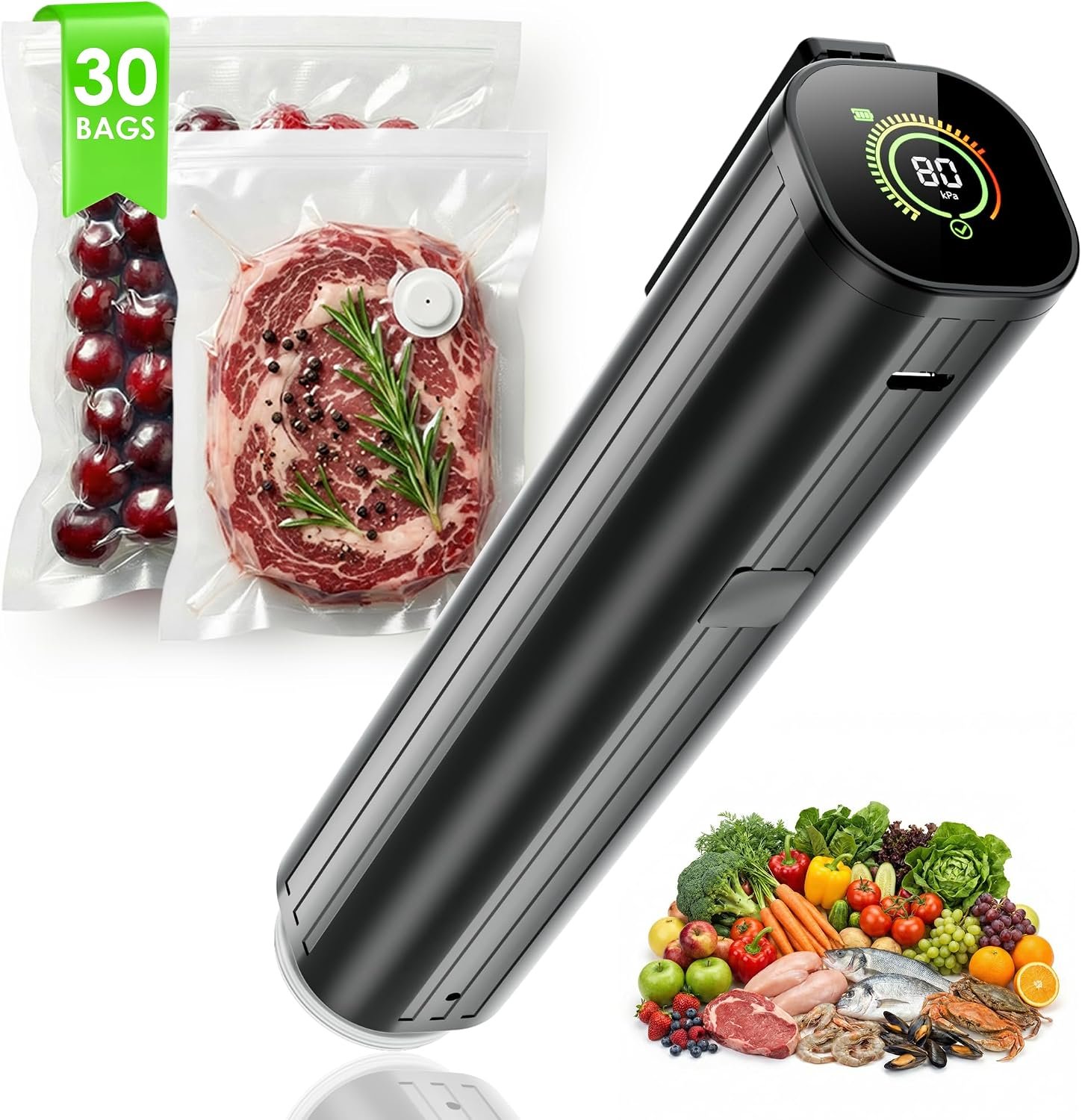 Elxis Vacuum Sealer, Portable handheld Vacuum Sealer + 30 Reusable Vacuum Bags, Portable Food Sealer, With LED pressure display, 2-Speed Pressure Control (60/80 Kpa)
