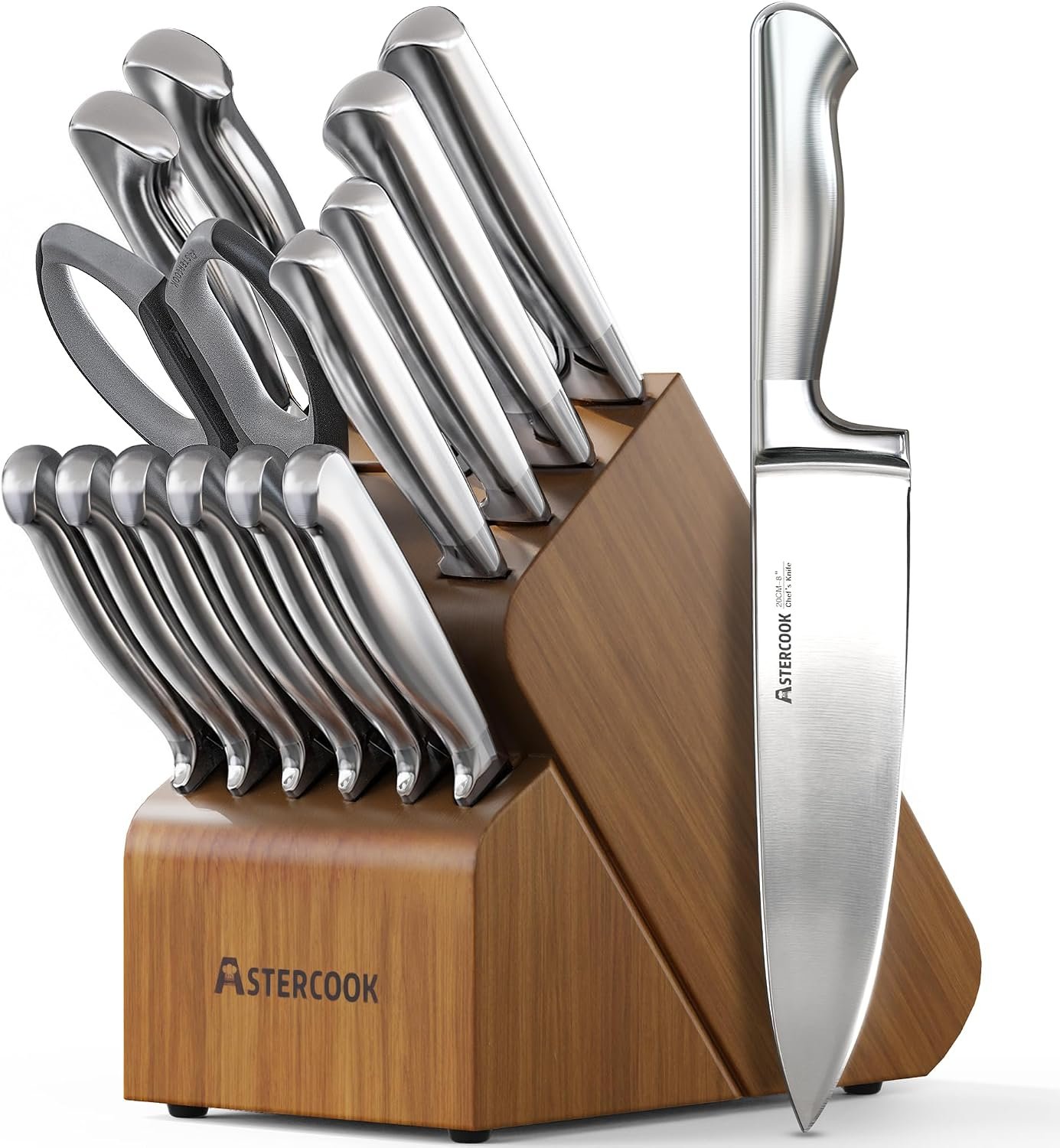 Astercook Knife Set 15 Piece German Steel Kitchen Knife Block Set | Wooden Block with Built-in Sharpener, One-Piece Design, Dishwasher Safe, Rust-Resistant, 6 Steak Knives, For Cooking & Gift