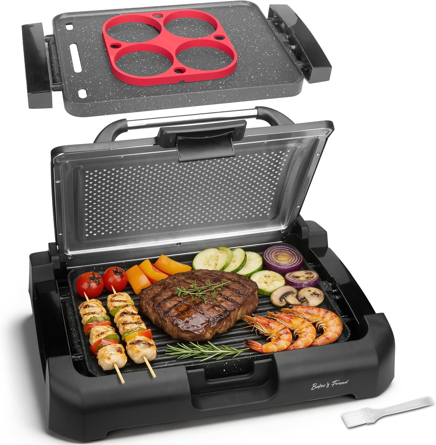 Baker’s Friend Indoor Searing Grill & Griddle, Electric Griddle with 2 in 1 Indoor Grill and Griddle Plate Indoor Grill with Removable Plate & Lid, Silicone Mold, Dishwasher Safe, Graphite