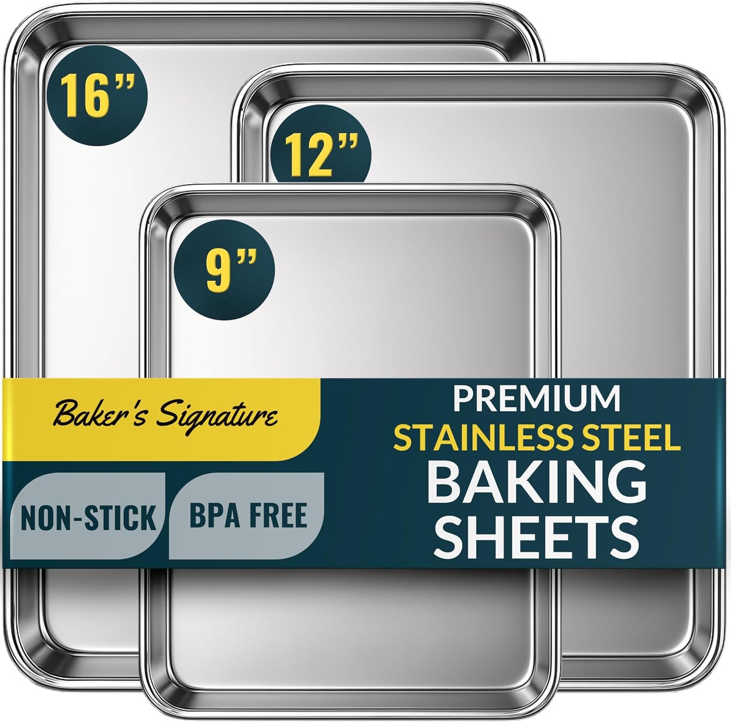 Stainless Steel Cookie Sheet Set of 3, 9/12/16″ Baking Sheet Pans