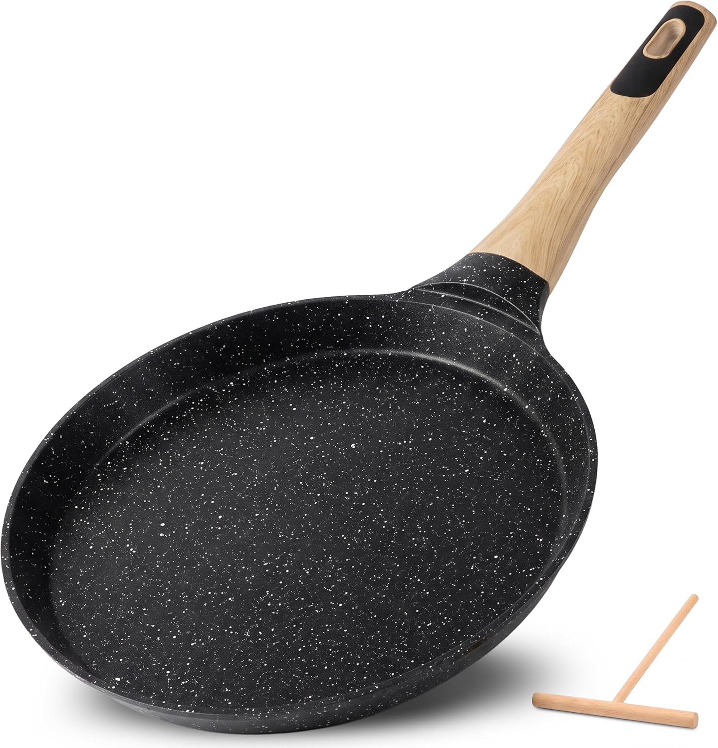 NutriChef 9.45” Non-Stick Crepe Pan with Wooden Spreader, Durable Marble Coated Dosa Pan, Bakelite Handle and Induction Bottom, PFOA/PFOS Free, Dishwasher Safe, Even Heat Distribution (Black Marble)