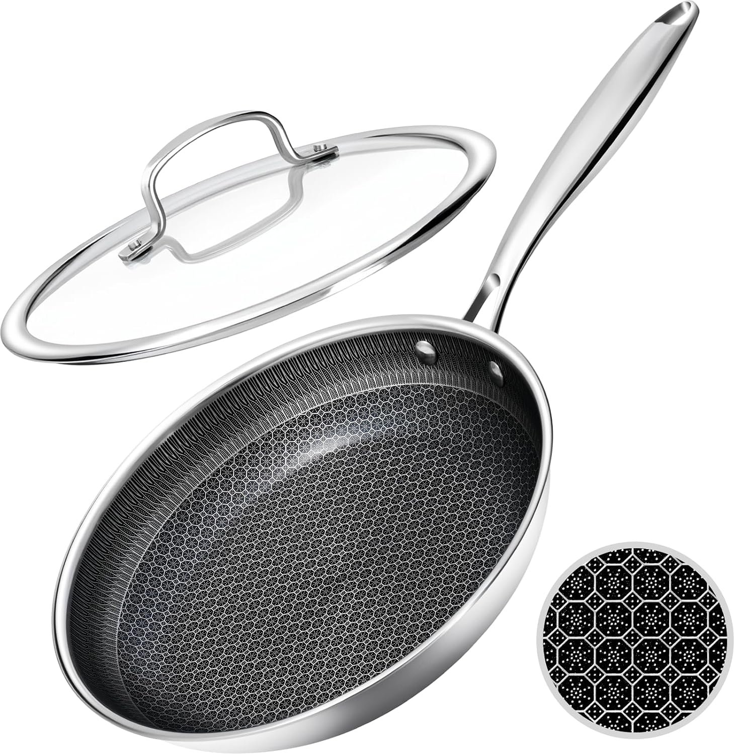 USELUCK Hybrid Non stick Frying Pans with Glass Lid, 8-Inch Frying Pan. | Stainless Steel Skillet with Honeycomb Surface,Oven-Safe,PFAS-Free,Compatible with All Cooktops.