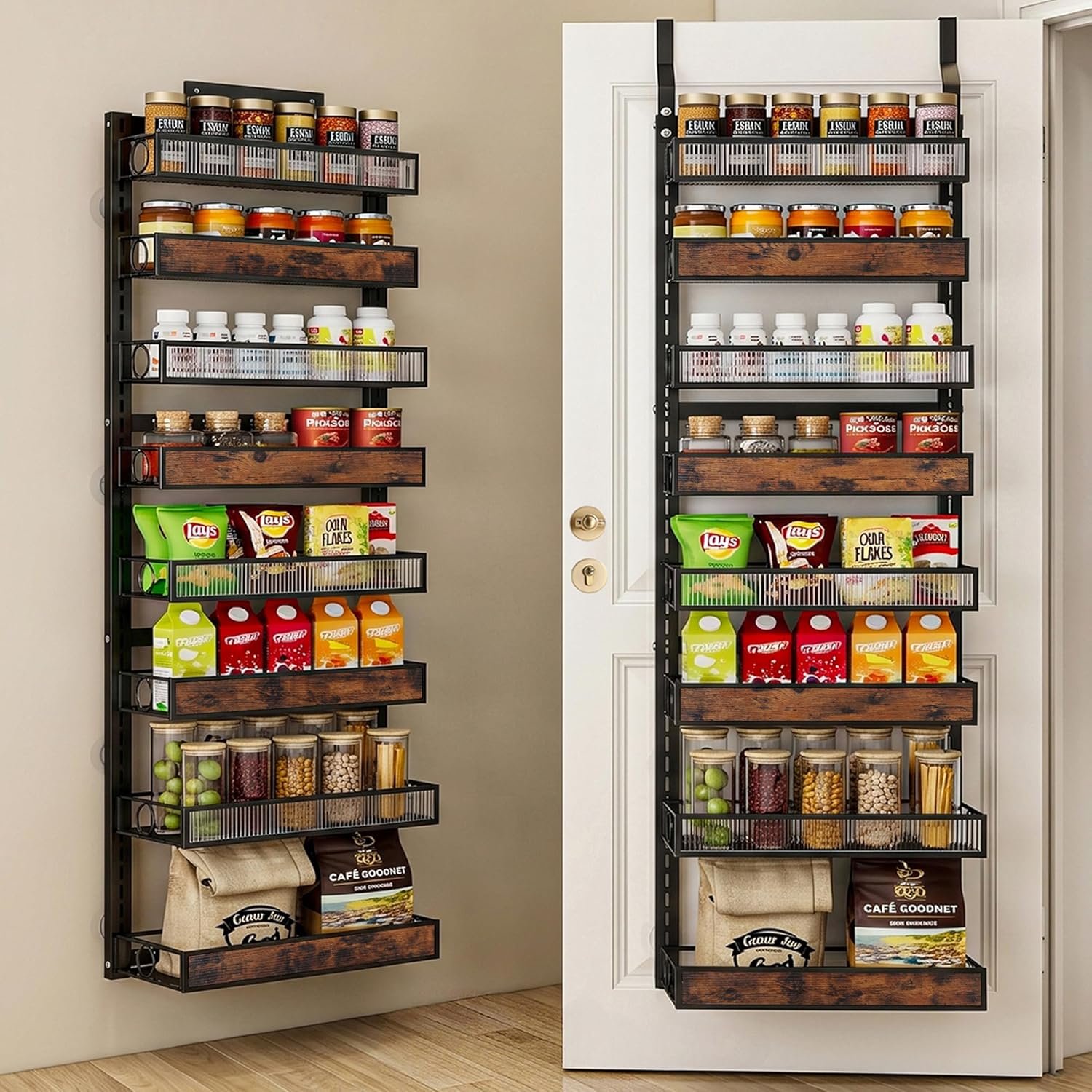 8 Tier Pantry Door Organizer Spice Rack, 2-IN-1 Wall Mount or Hanging Over Door Seasoning Organizer with Adjustable Baskets, Heavy Duty Behind Door Storage Shelves for Pantry, Cabinet and Kitchen