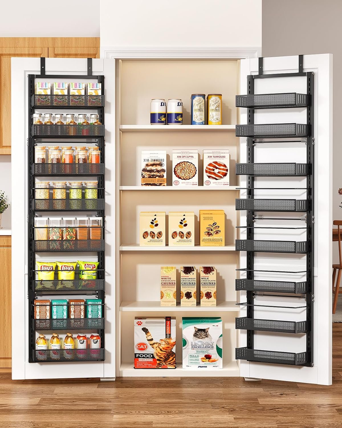 SNTD 8 Tiers Narrow Over the Door Organizer, 12.3″W x 4.7″D x 69″H, Black | Pantry Door Organizers and Storage, Height Adjustable Spice Rack, Dense Mesh Baskets, Anti-Swing, Adjustable Door Fastener