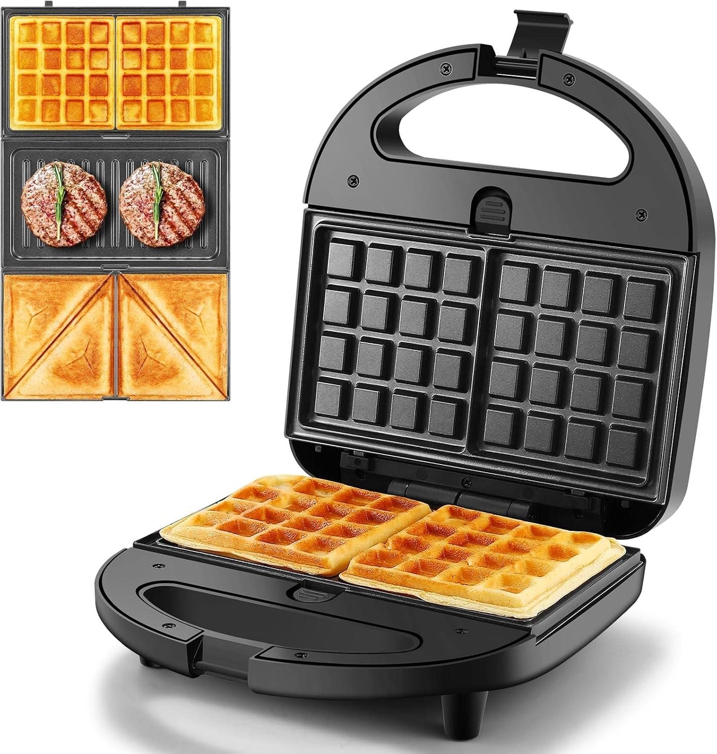 OSTBA 3-in-1 Waffle Maker with Removable Plates, Sandwich Maker | 750W Heating with Waffle, Sandwich and Panini Grill Plates, Removable Nonstick Plates, Cool-Touch Handle and Compact Storage