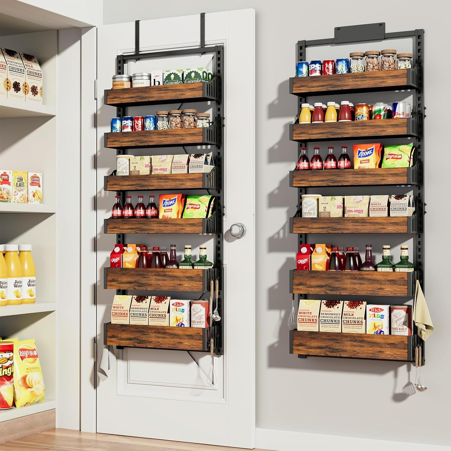 Over the Door Pantry Organizer: Pantry Organization and Storage with Hanging Basket – 6-Tier Adjustable Shelves Metal Spice Rack for Kitchen Laundry Room Bedroom & Bathroom