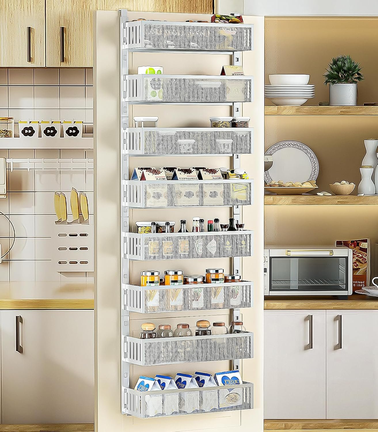 8-Tier Over The Door Pantry Organizer with Mesh Baskets, Adjustable & Stable Hanging Spice Rack for Kitchen, Bathroom, Bedroom, and Baby Essentials Storage (16″ W 8-Tiers, White)