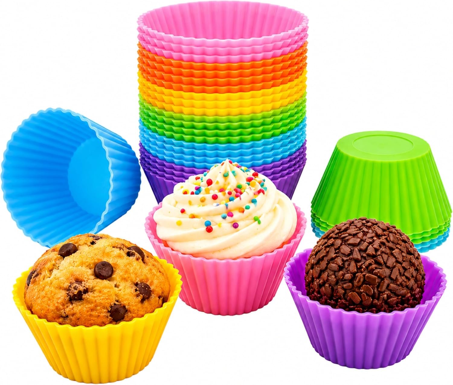 Mini Silicone Muffin Cups, 24 Pack Reusable Cupcake Molds, Plum Blossom | Nonstick 2 inch silicone baking cups for mini muffins, cupcake liners, chocolate, gelatin, lunch boxes and parties