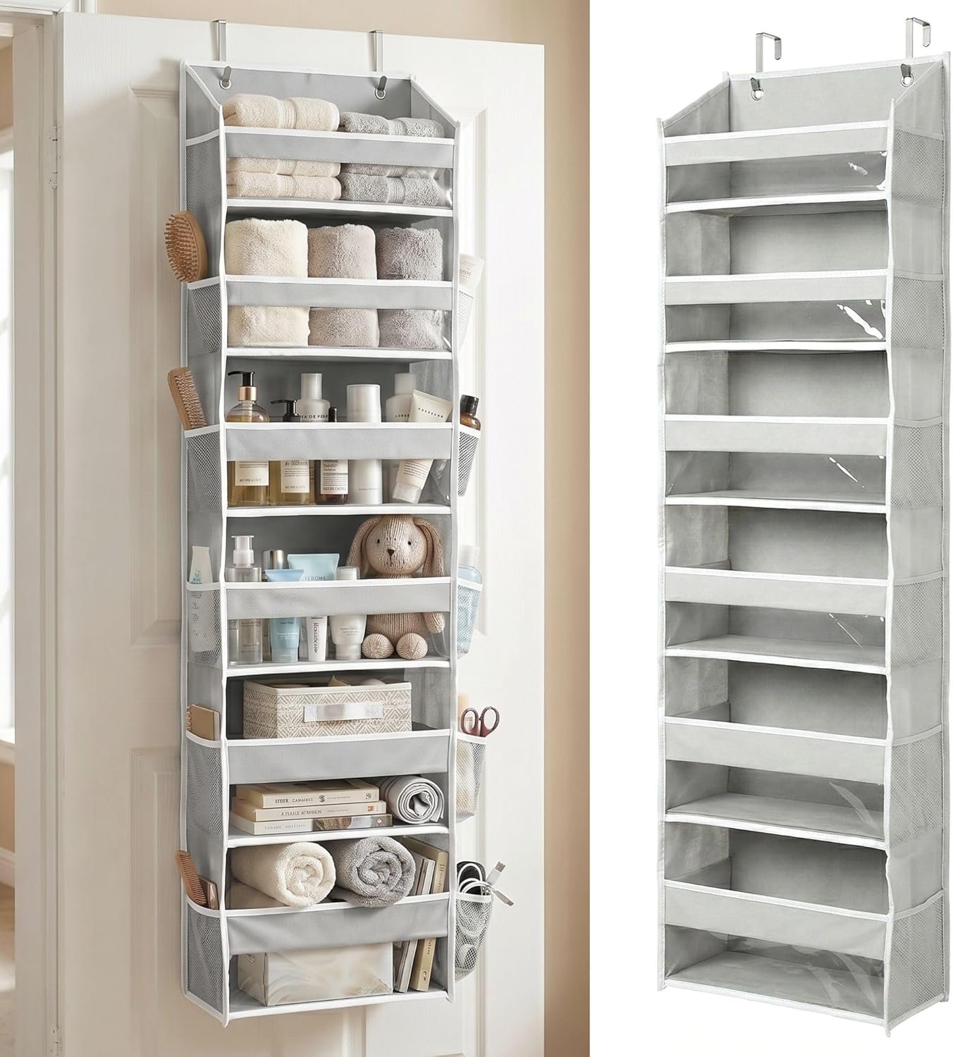 Over the Door Organizer, 6-Tier, 100D Fabric, Light Gray 1pc | Over the door shoe organizer, 50 lbs capacity, 12 side mesh pockets, 100D extra thick fabric, Closet & entryway storage