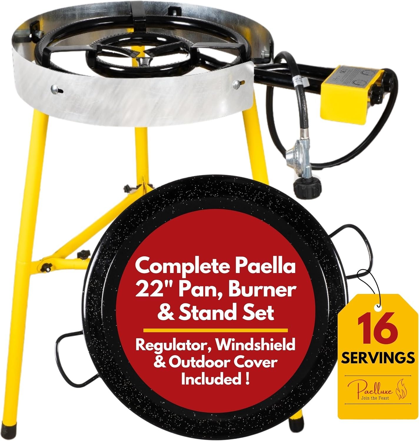 Paelluxe Paella Burner Stand & Regulator Set with 22 Inch Pan -16 Servings | Dual Burner Rings, Individual Heat Control, Windshield & Outdoor Cover Included, CE Certified, Ready to Use Complete Set