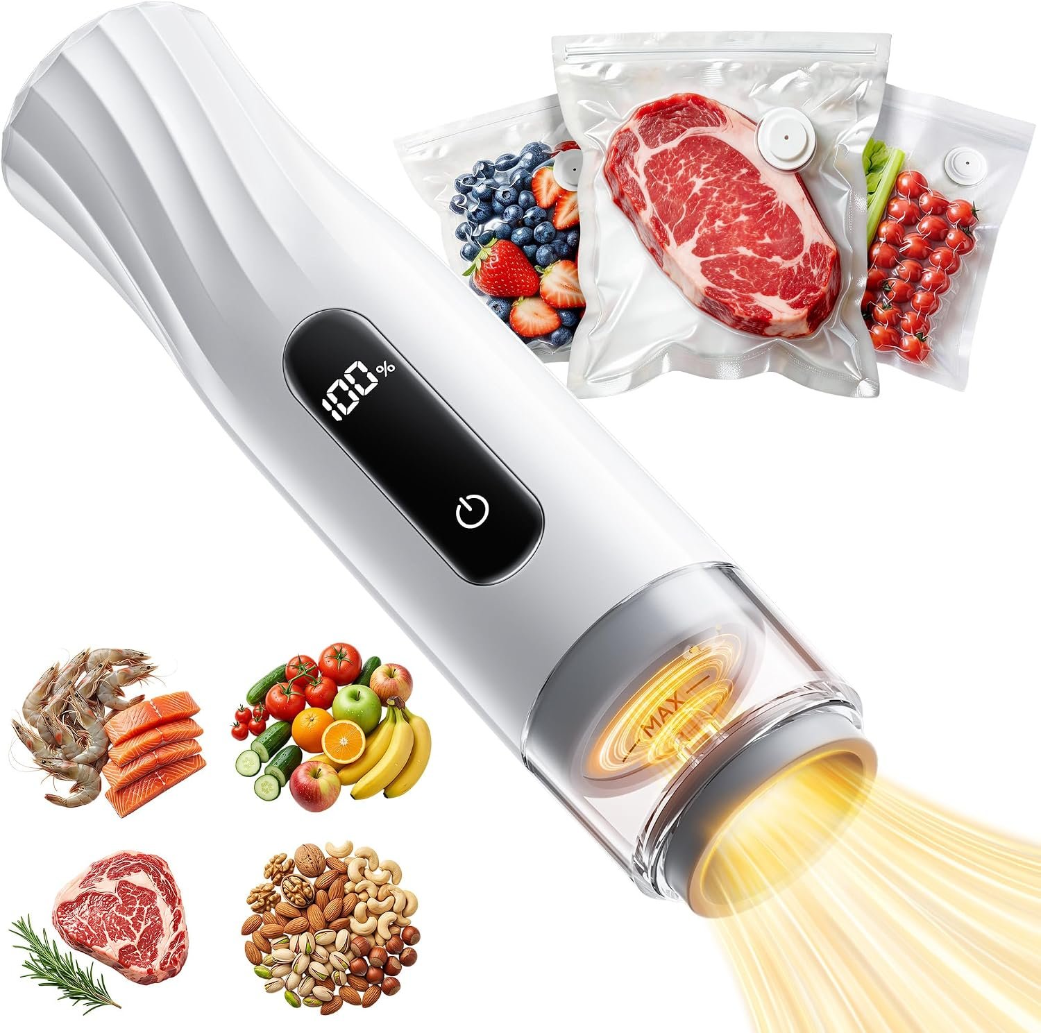 Compact Vacuum Sealer for Food (Handheld Vacuum Sealer + 30 Reusable Vacuum Sealer Bags) Food Saver Vacuum Sealer Machine with Battery Display, Travel Lock and Visible Water Tank for Kitchen Meal Prep