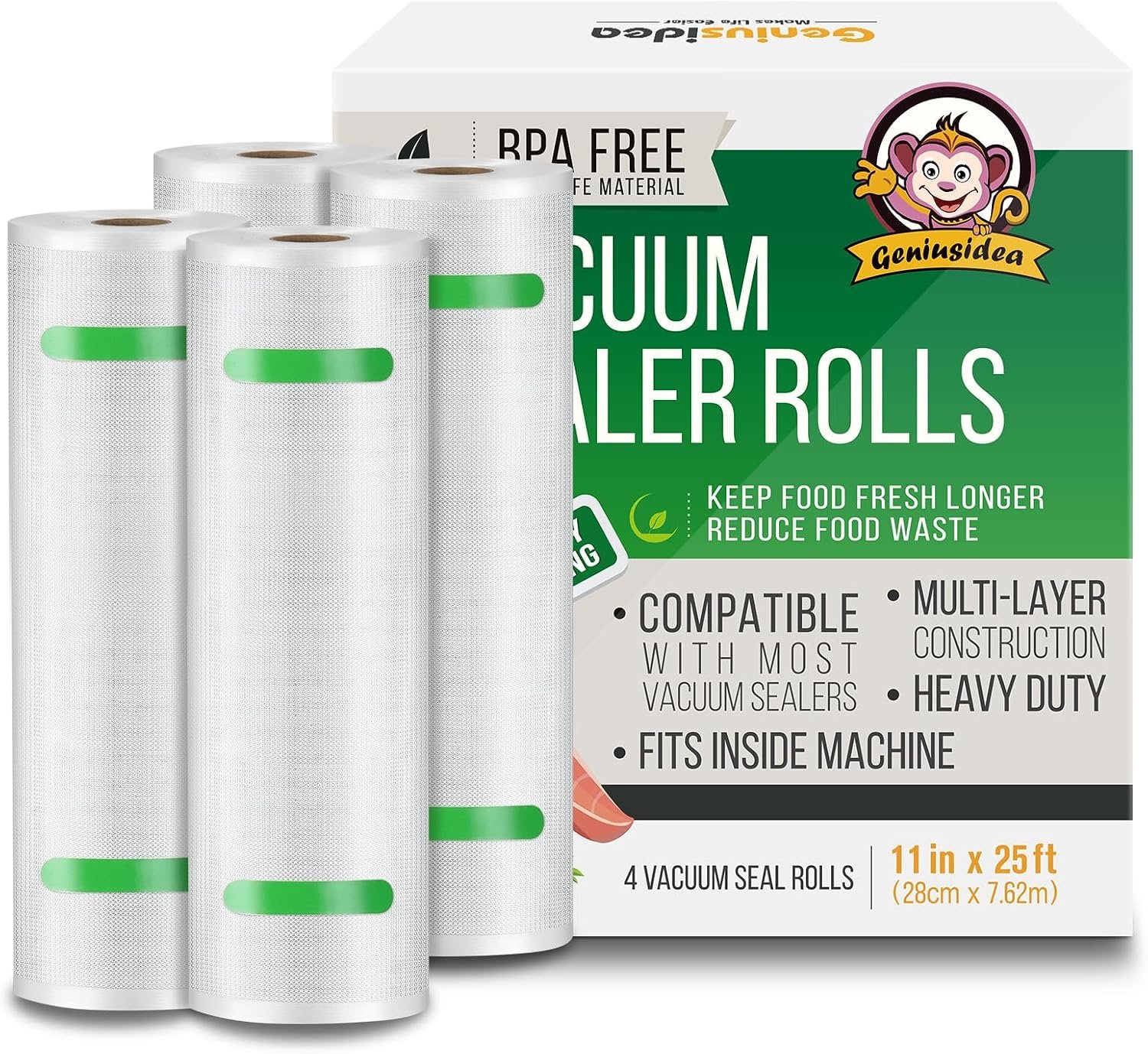 Geniusidea Food Saver Vacuum Sealer Bags 11″ x 25’ft 4 Rolls | Commercial Grade,BPA Free,Heavy Duty,For Meal Prep,Sous Vide,Microwave and Freezer Safe,PE+PA