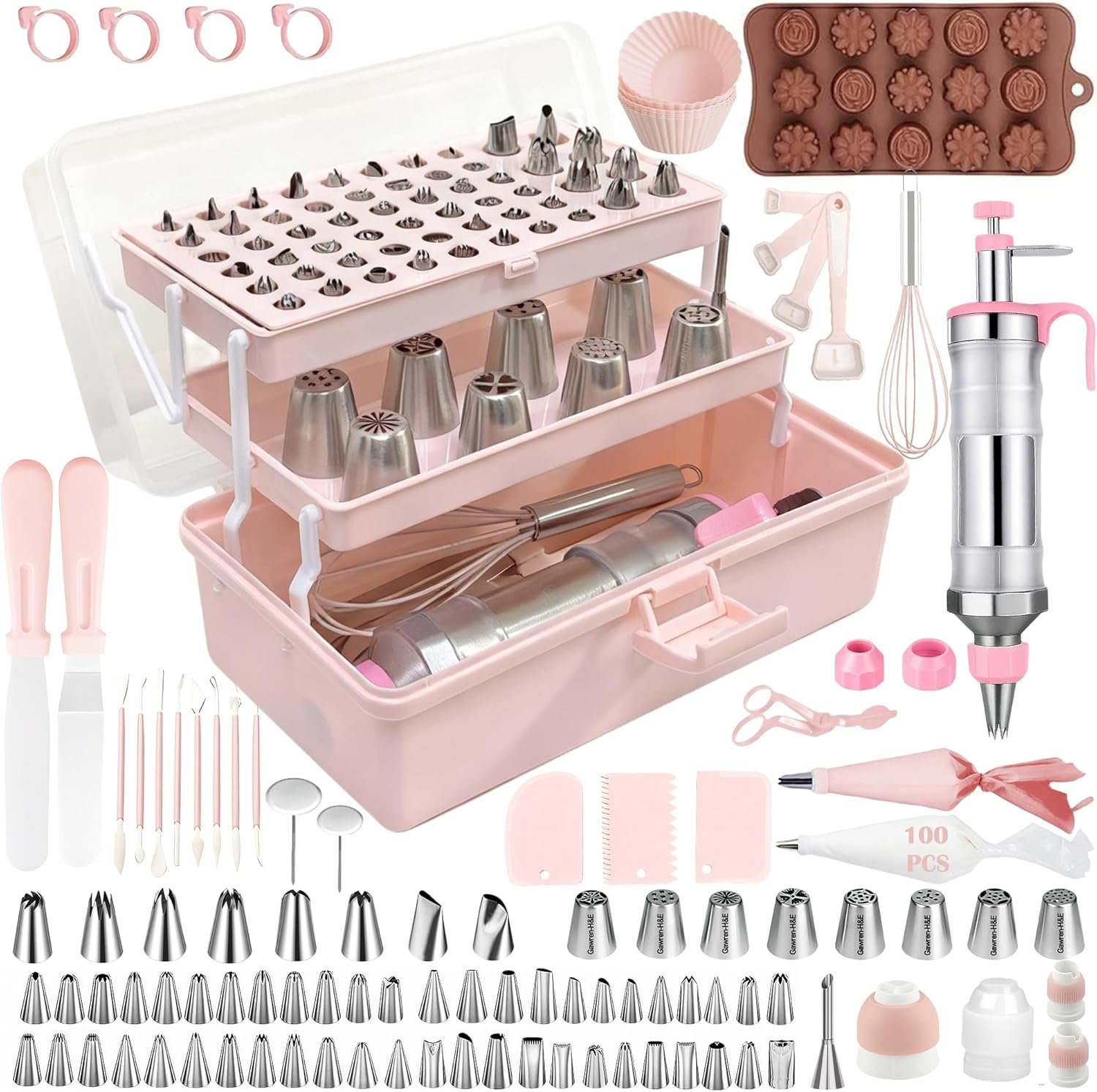 Gawren-H&E 208 PCS Cake Decorating Kit,Baking supplies-Frosting Piping Kit | Cake Decorating Supplies with Icing Dispenser Gun,Piping Bags and Tips Set,Chocolate moulds,Spatulas and more(Light Pink)