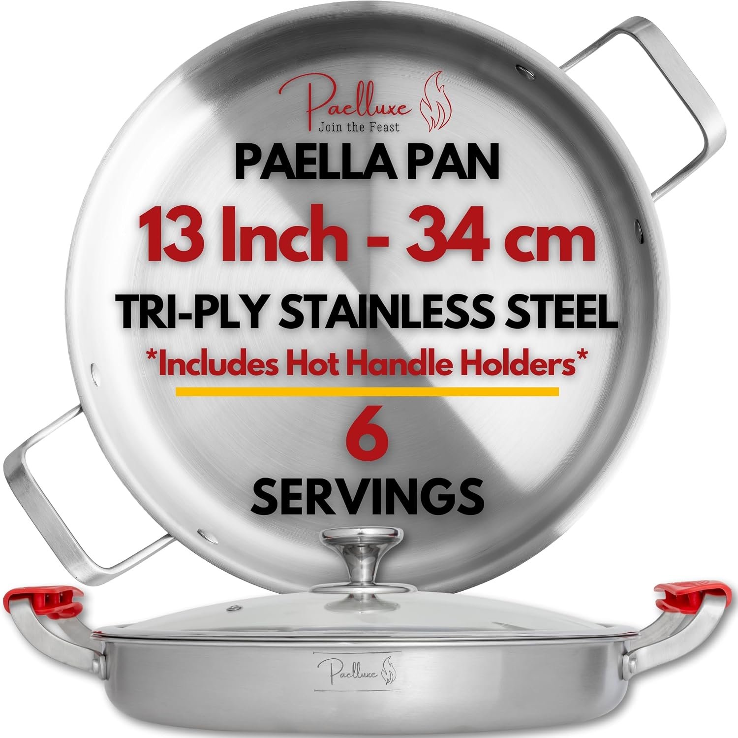 Paelluxe Tri-Ply Stainless Steel Paella Pan with Lid, 6 Servings -13 Inch | Tri-Ply Construction, Glass Lid & Hot Handle Holders Included, Induction Compatible, Dishwasher, Oven Safe, Indoor & Outdoor